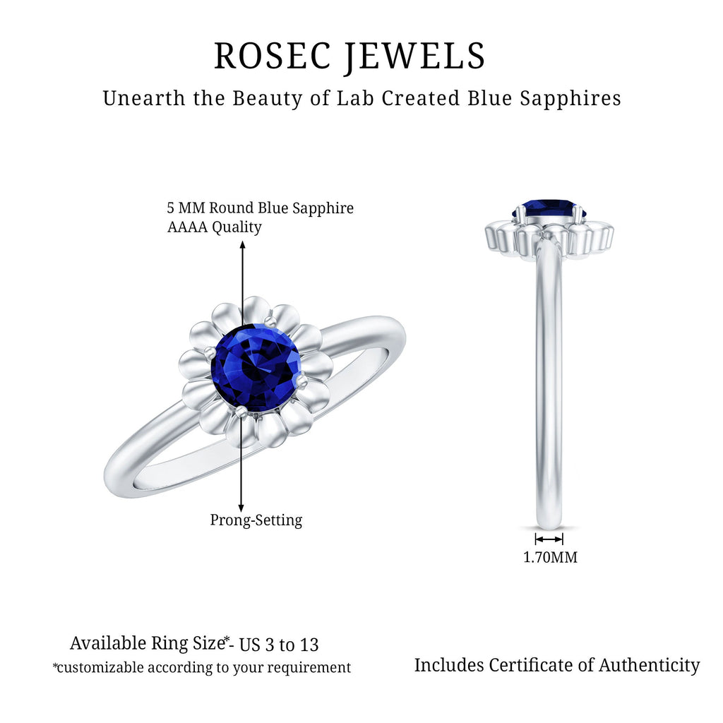 5 MM Round Lab Created Blue Sapphire Gold Floral Solitaire Ring in Prong Setting