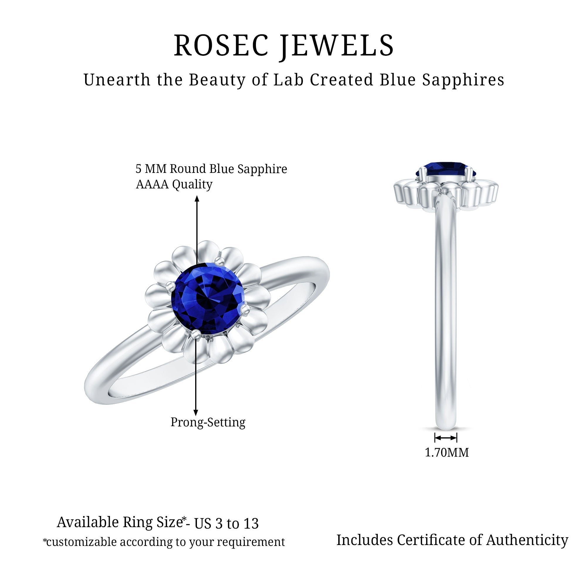 5 MM Round Lab Created Blue Sapphire Gold Floral Solitaire Ring in Prong Setting