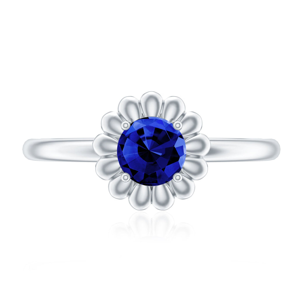 5 MM Round Lab Created Blue Sapphire Gold Floral Solitaire Ring in Prong Setting