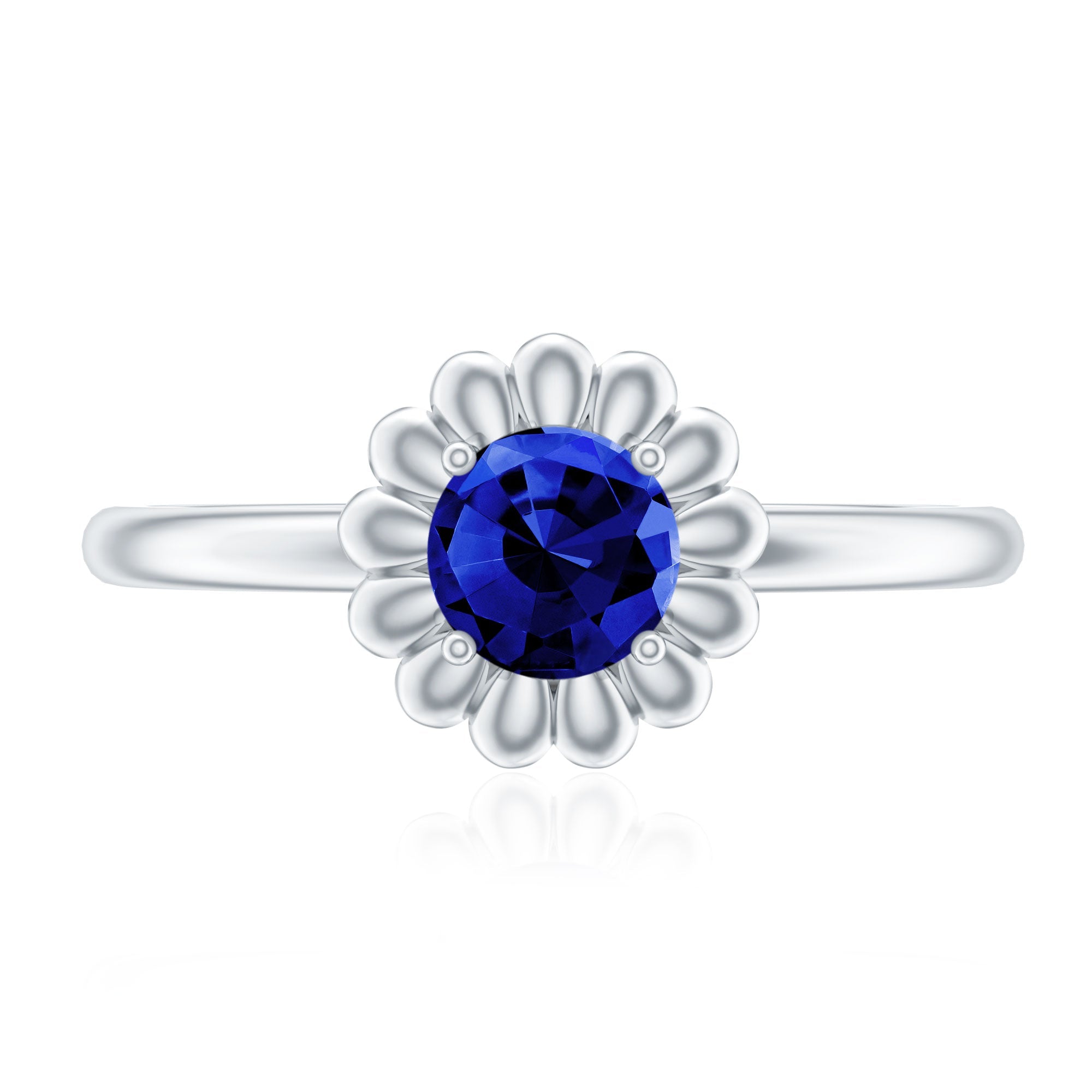 5 MM Round Lab Created Blue Sapphire Gold Floral Solitaire Ring in Prong Setting