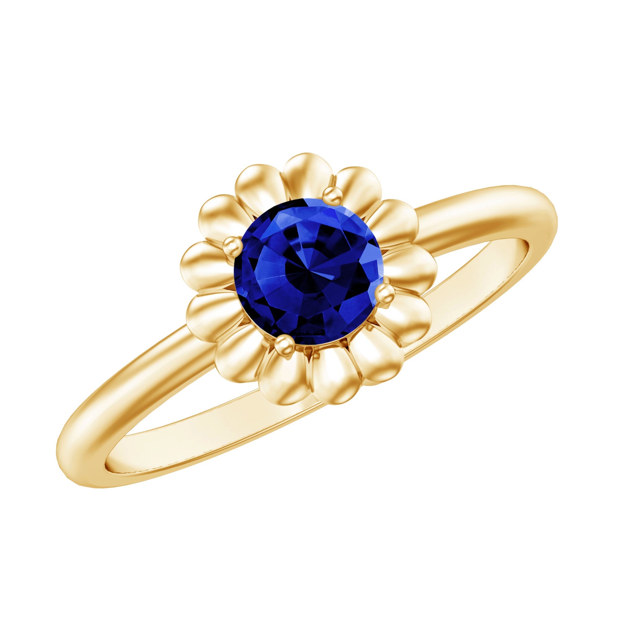 5 MM Round Lab Created Blue Sapphire Gold Floral Solitaire Ring in Prong Setting