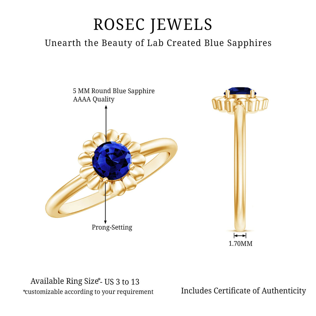 5 MM Round Lab Created Blue Sapphire Gold Floral Solitaire Ring in Prong Setting