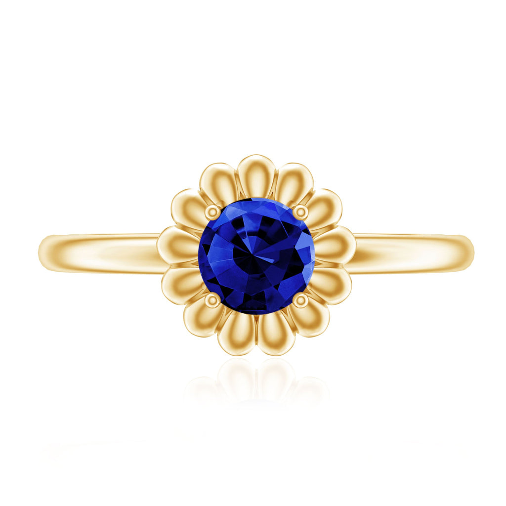 5 MM Round Lab Created Blue Sapphire Gold Floral Solitaire Ring in Prong Setting