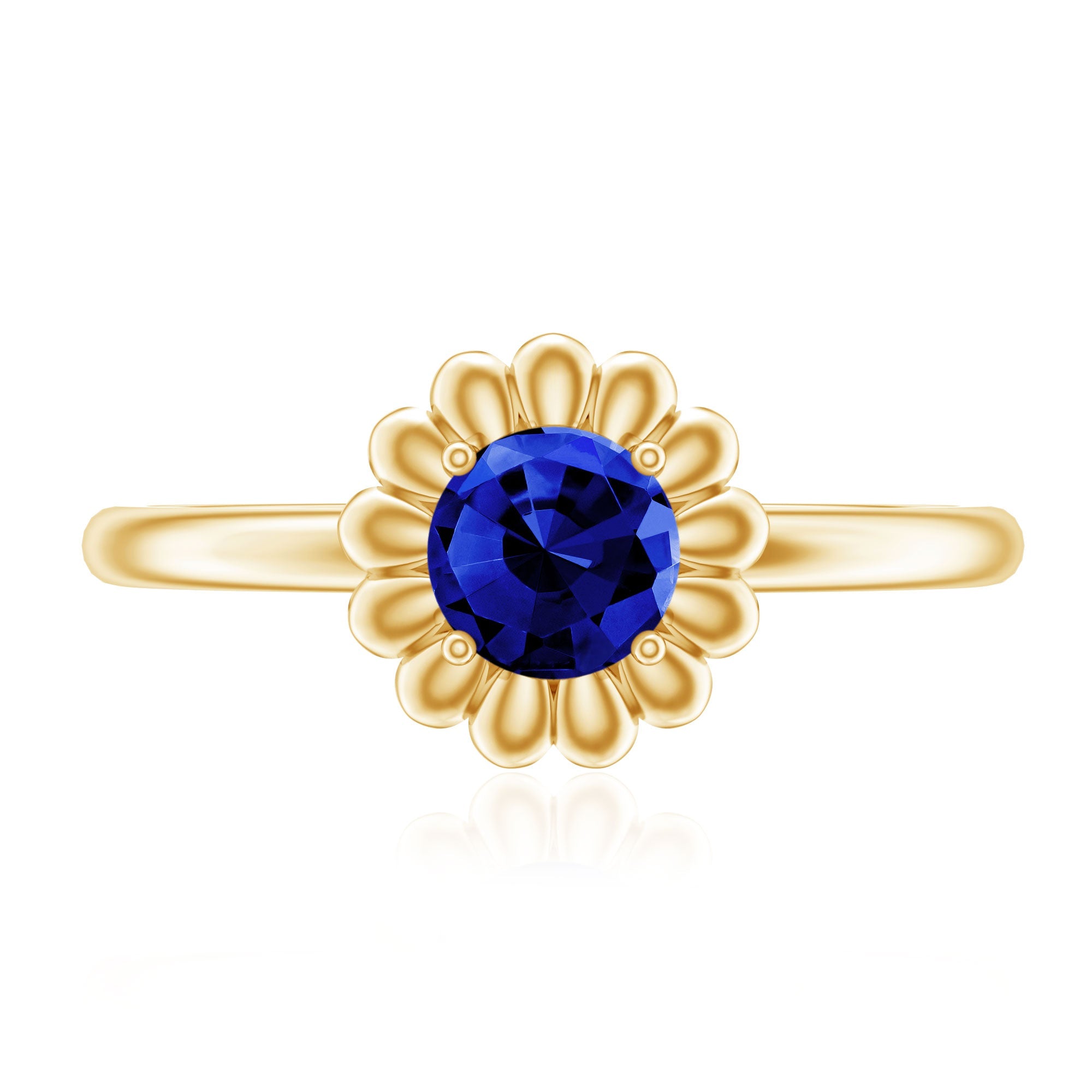 5 MM Round Lab Created Blue Sapphire Gold Floral Solitaire Ring in Prong Setting
