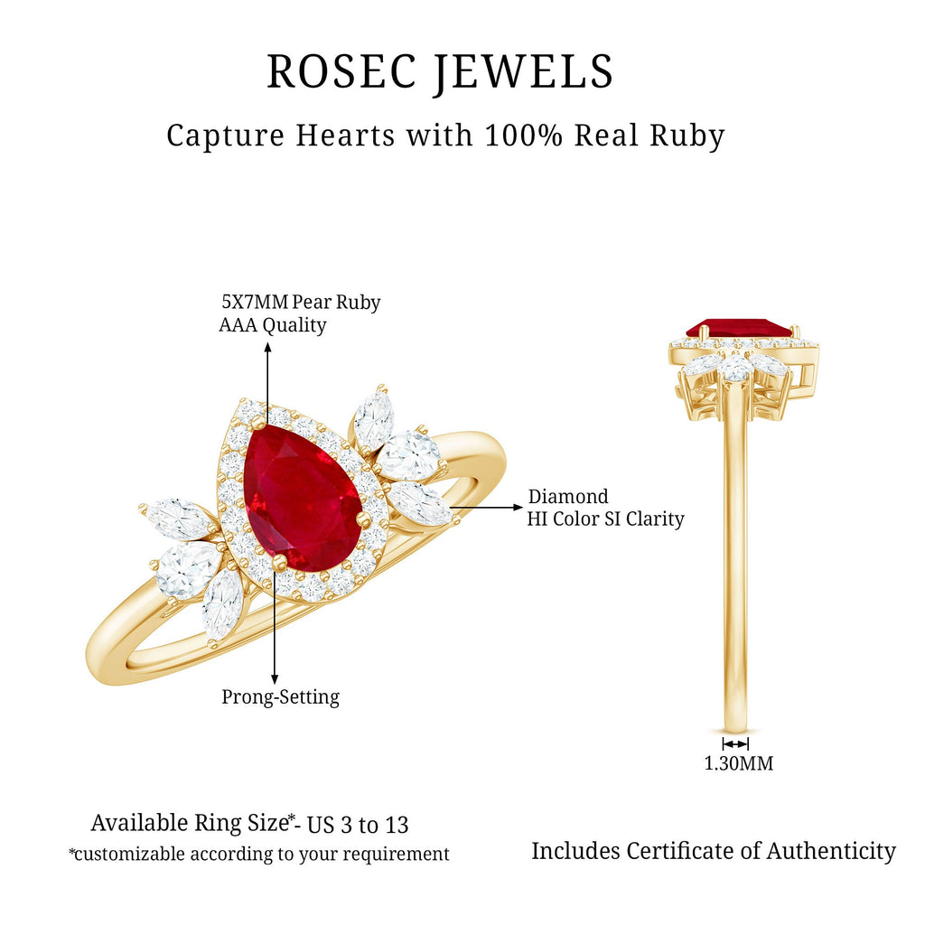 Designer Ruby and Diamond Halo Teardrop Engagement Ring