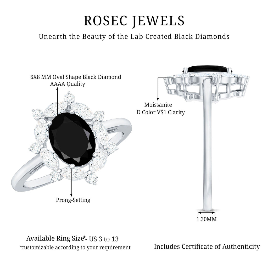 Oval Created Black Diamond and Moissanite Halo Engagement Ring Set