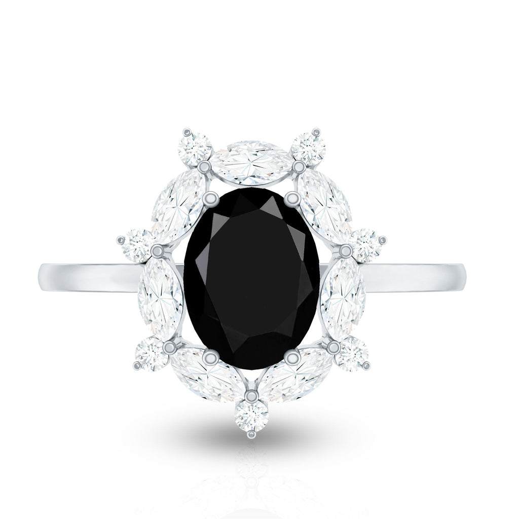 Oval Created Black Diamond and Moissanite Halo Engagement Ring Set