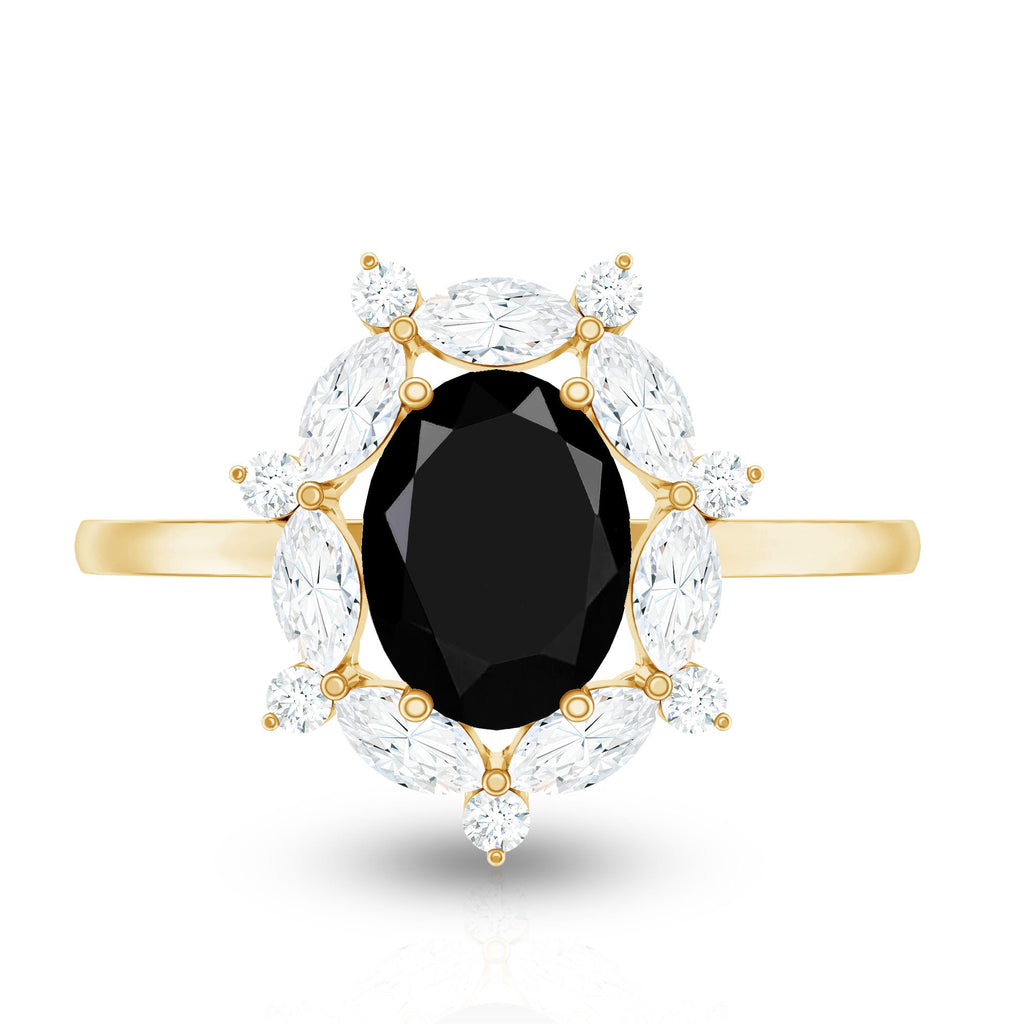 Oval Created Black Diamond and Moissanite Halo Engagement Ring Set