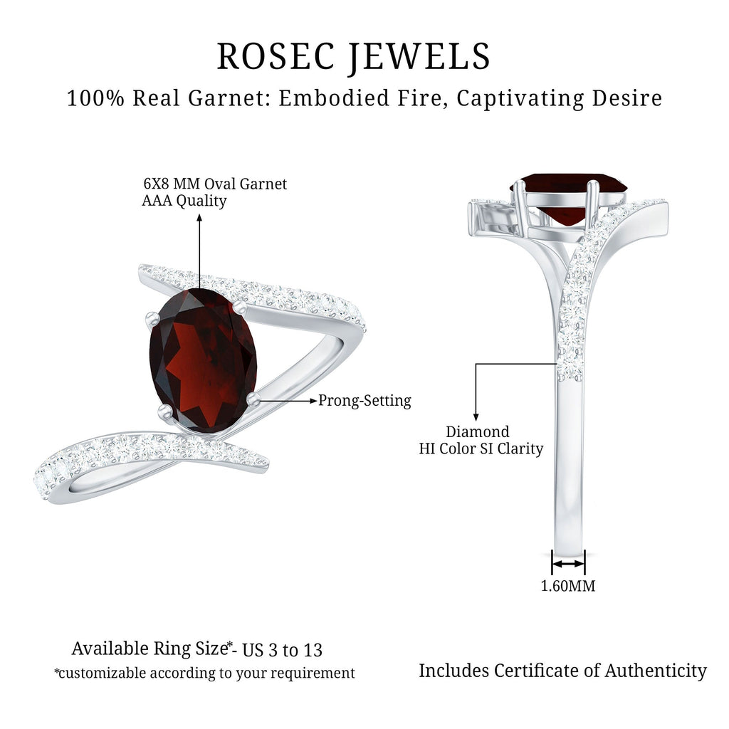 Natural 6X8mm Garnet Oval Engagement Ring with Diamond
