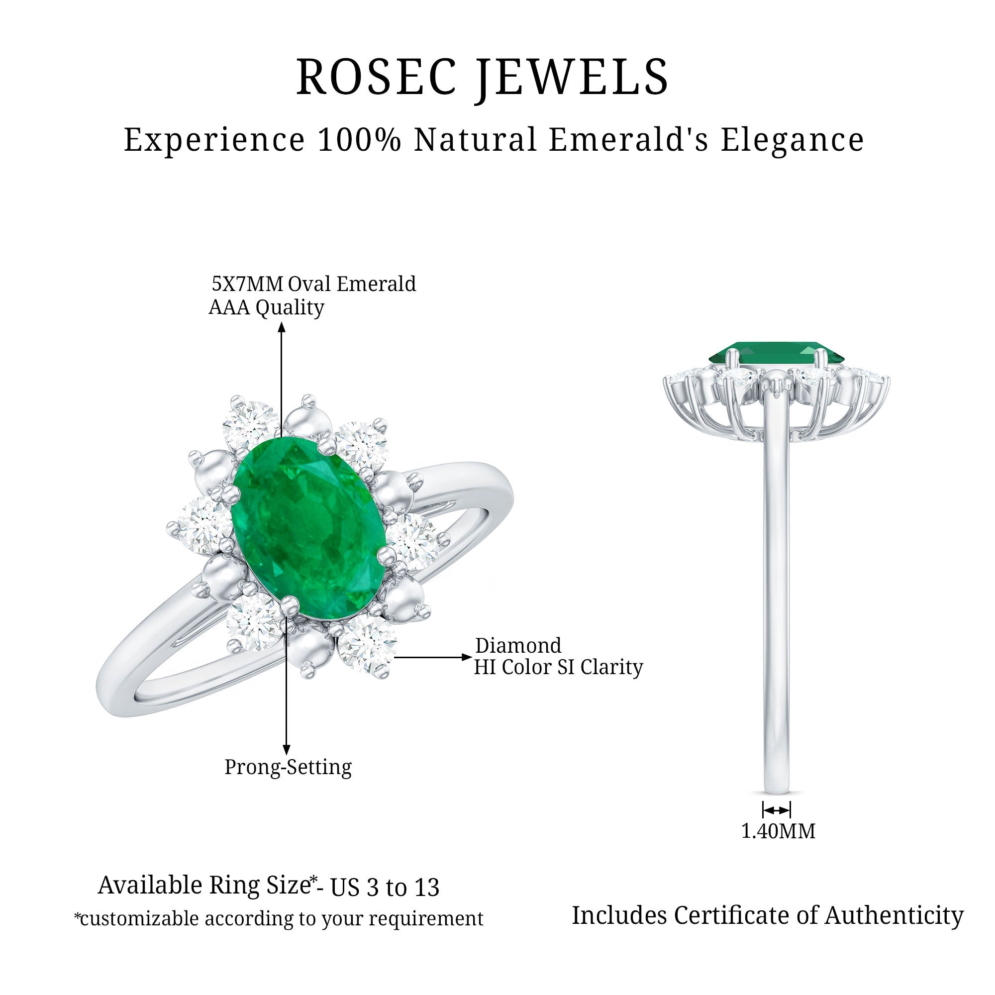 Natural 5X7mm Oval Emerald Engagement Ring with Diamond Halo