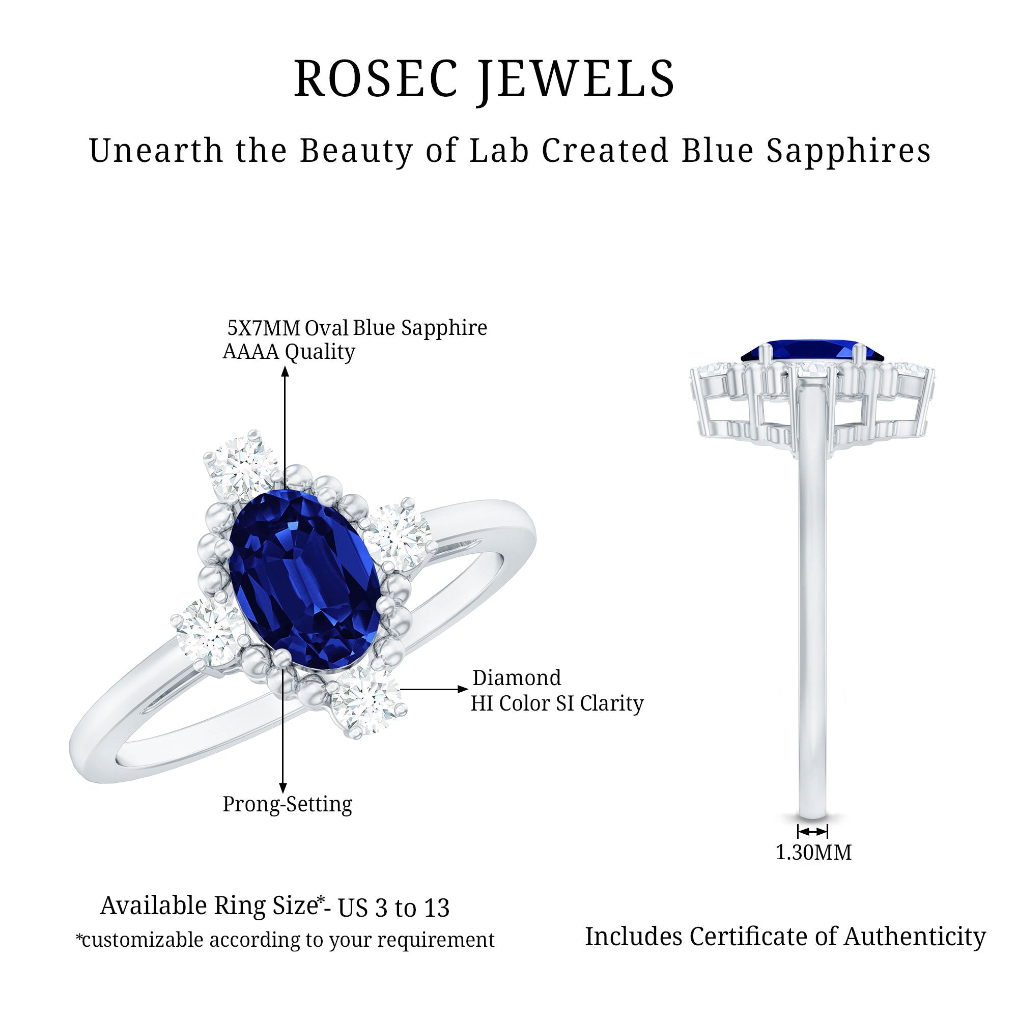 Vintage Style Created Blue Sapphire Solitaire Engagement Ring with Diamond