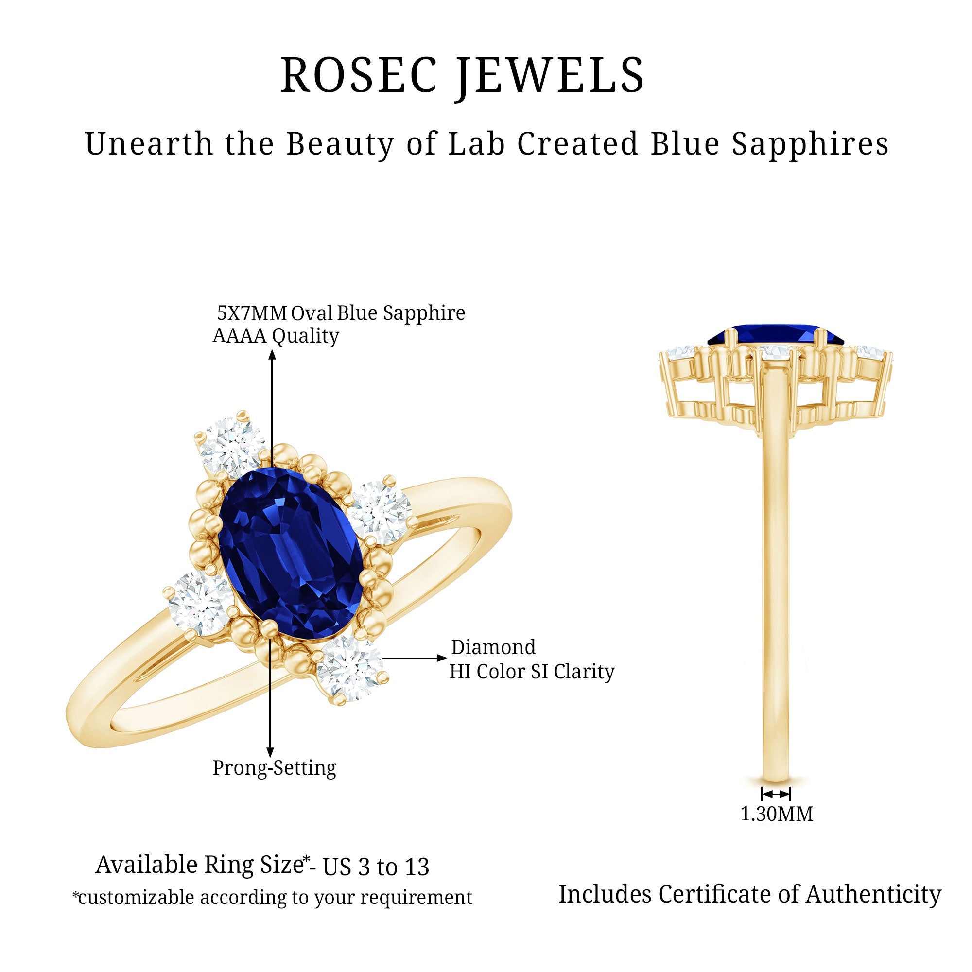Vintage Style Created Blue Sapphire Solitaire Engagement Ring with Diamond