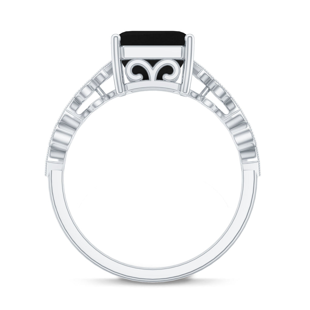 Genuine Black Onyx 8mm Asscher Cut Engagement Ring with Diamond