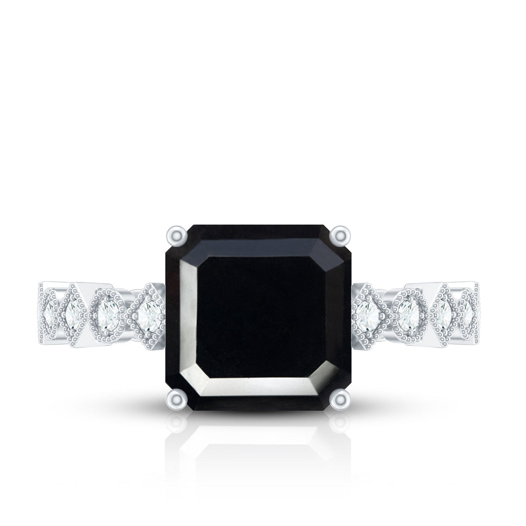 Genuine Black Onyx 8mm Asscher Cut Engagement Ring with Diamond