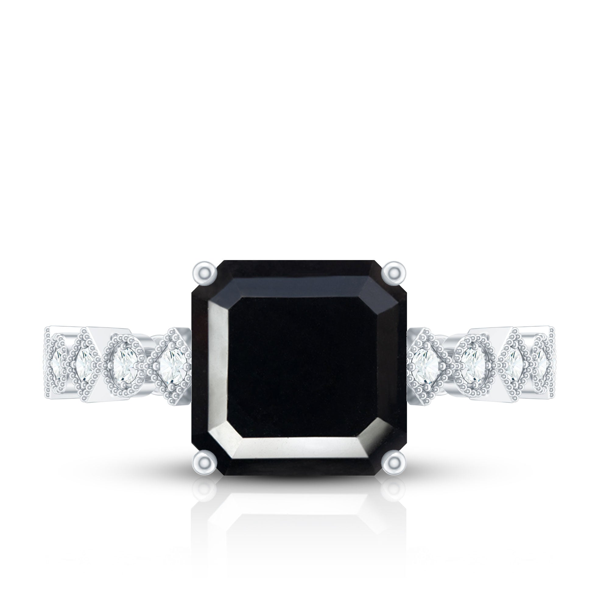 Genuine Black Onyx 8mm Asscher Cut Engagement Ring with Diamond