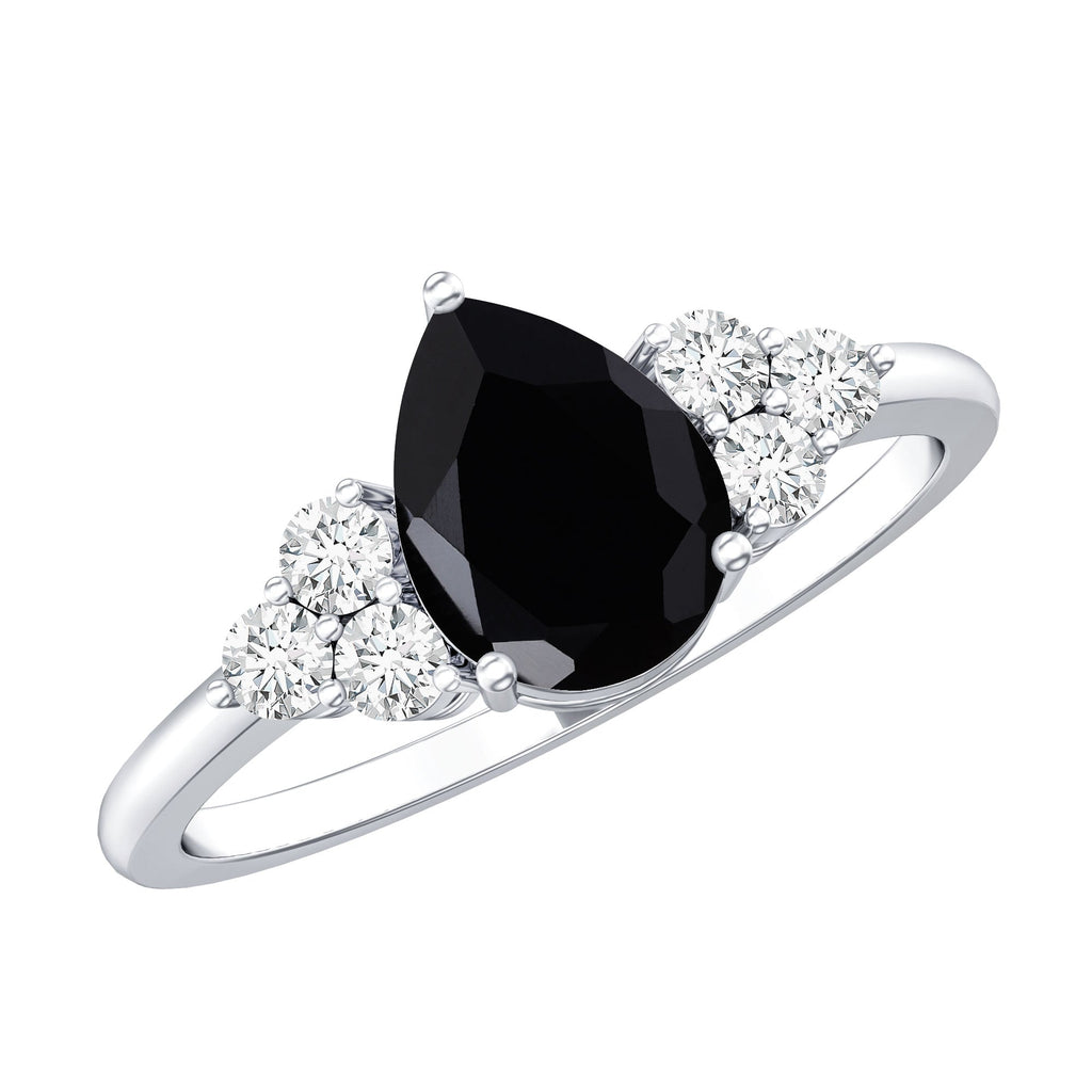 Pear Cut Created Black Diamond Solitaire Ring with Diamond Trio