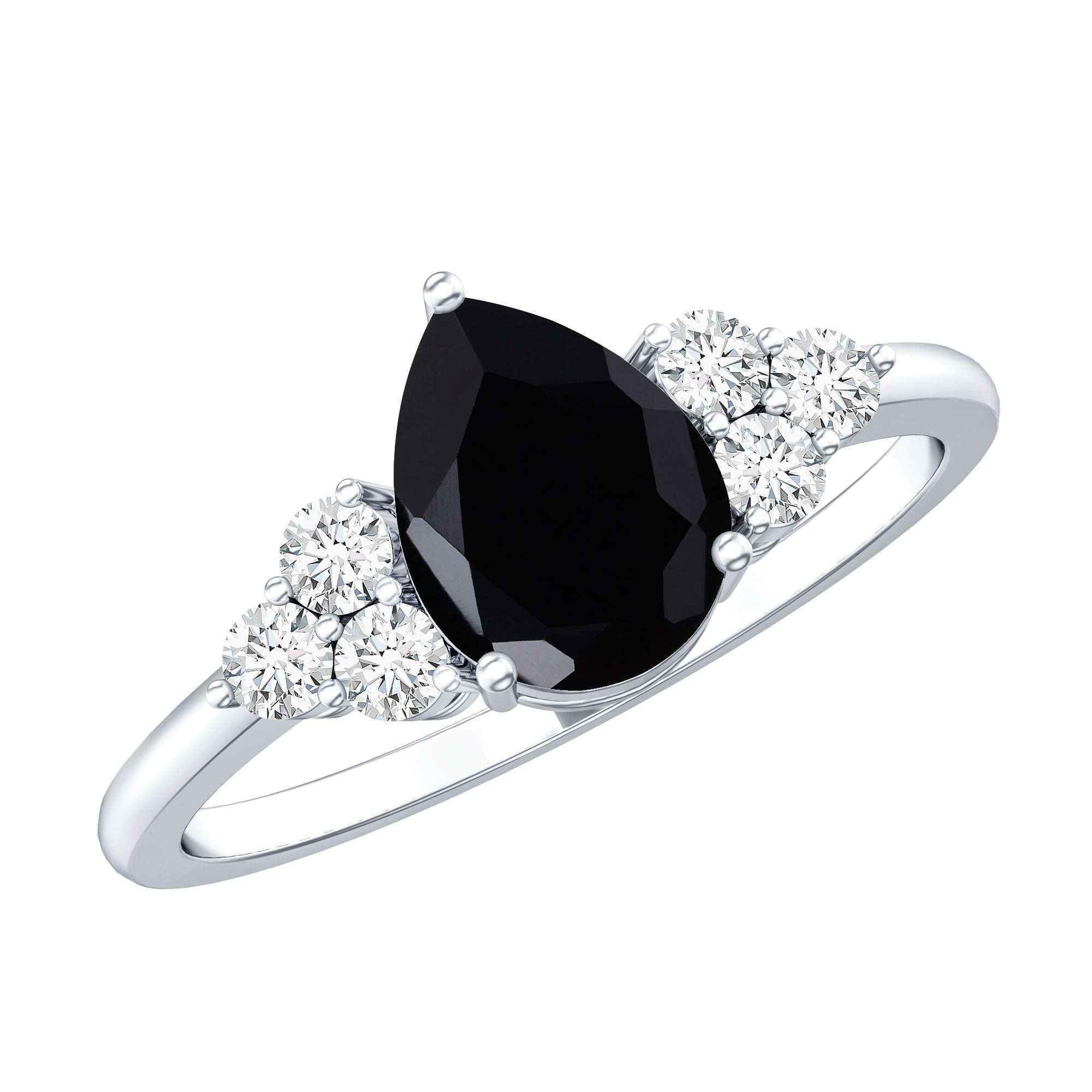 Pear Cut Created Black Diamond Solitaire Ring with Diamond Trio