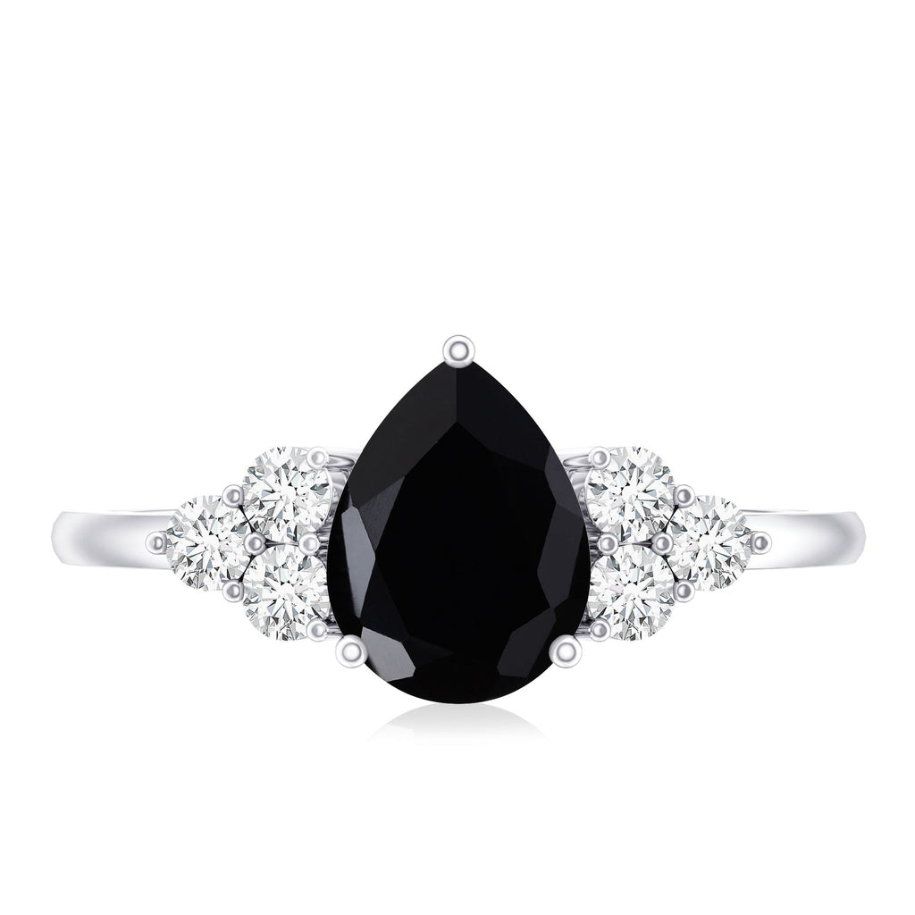 Pear Cut Created Black Diamond Solitaire Ring with Diamond Trio