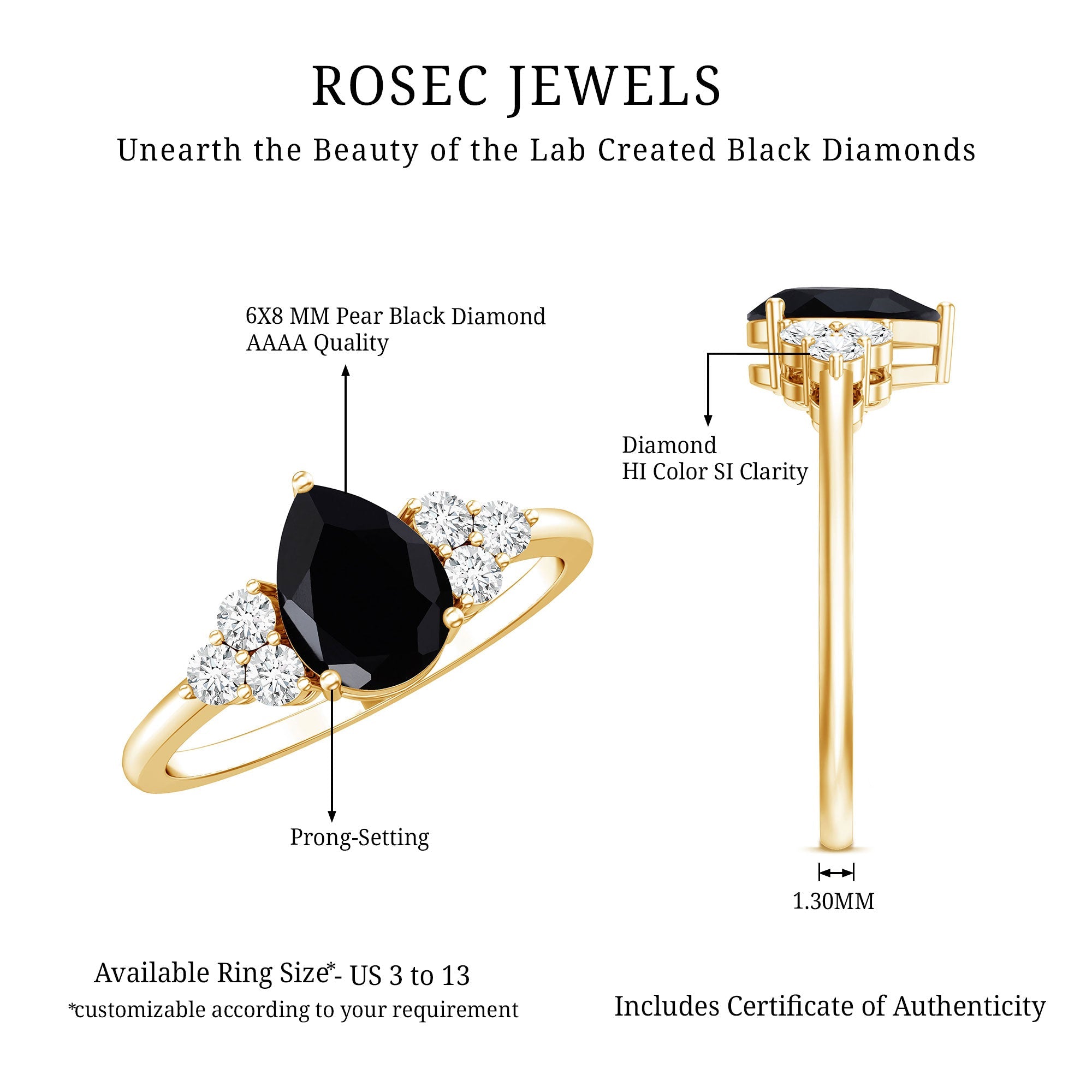 Pear Cut Created Black Diamond Solitaire Ring with Diamond Trio