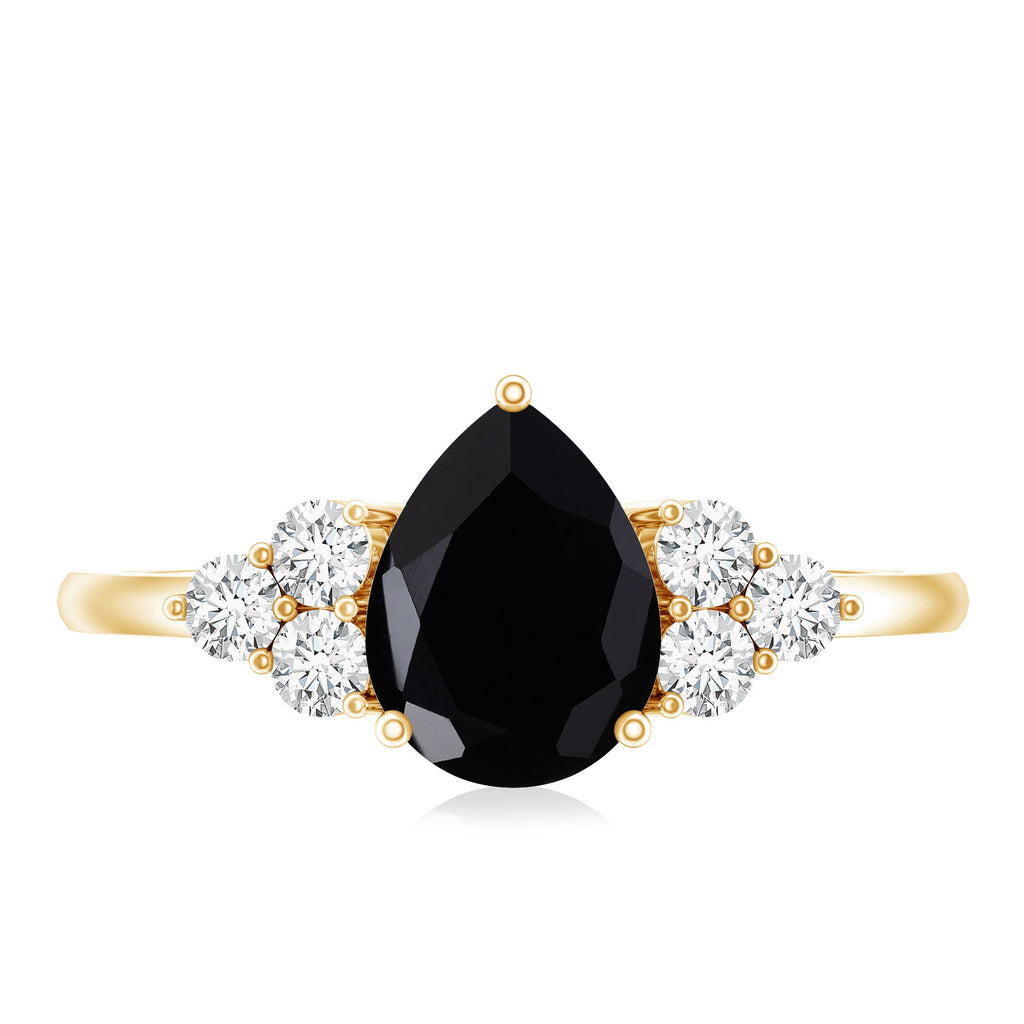 Pear Cut Created Black Diamond Solitaire Ring with Diamond Trio