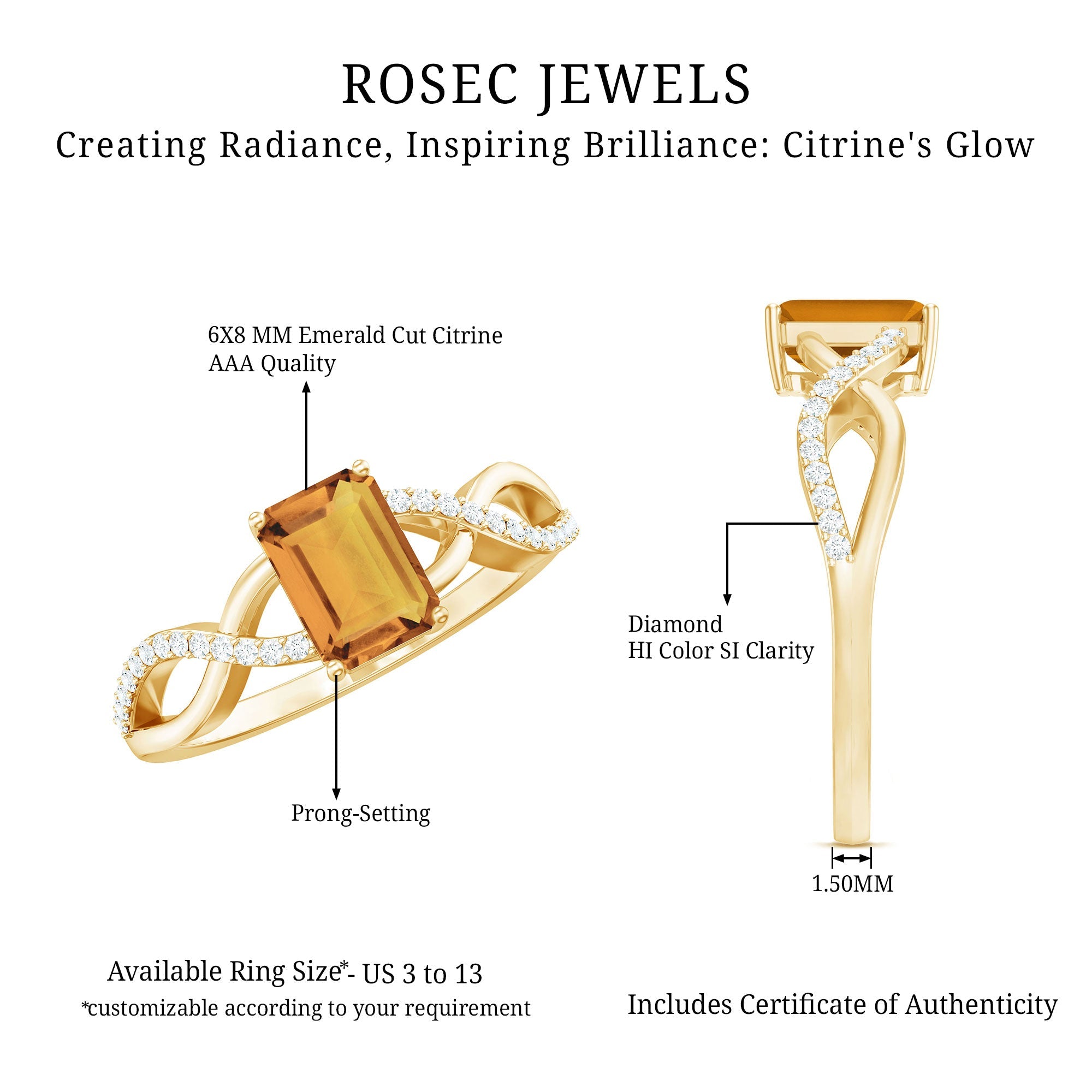 Real 6X8mm Citrine Emerald Cut Engagement Ring with Diamond Infinity Shank