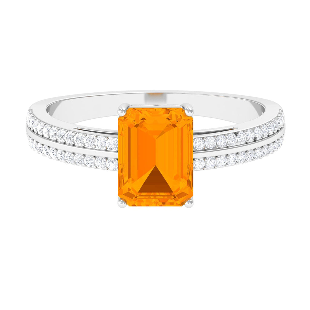 2 CT Emerald Cut Fire Opal and Diamond Side Stone Engagement Ring