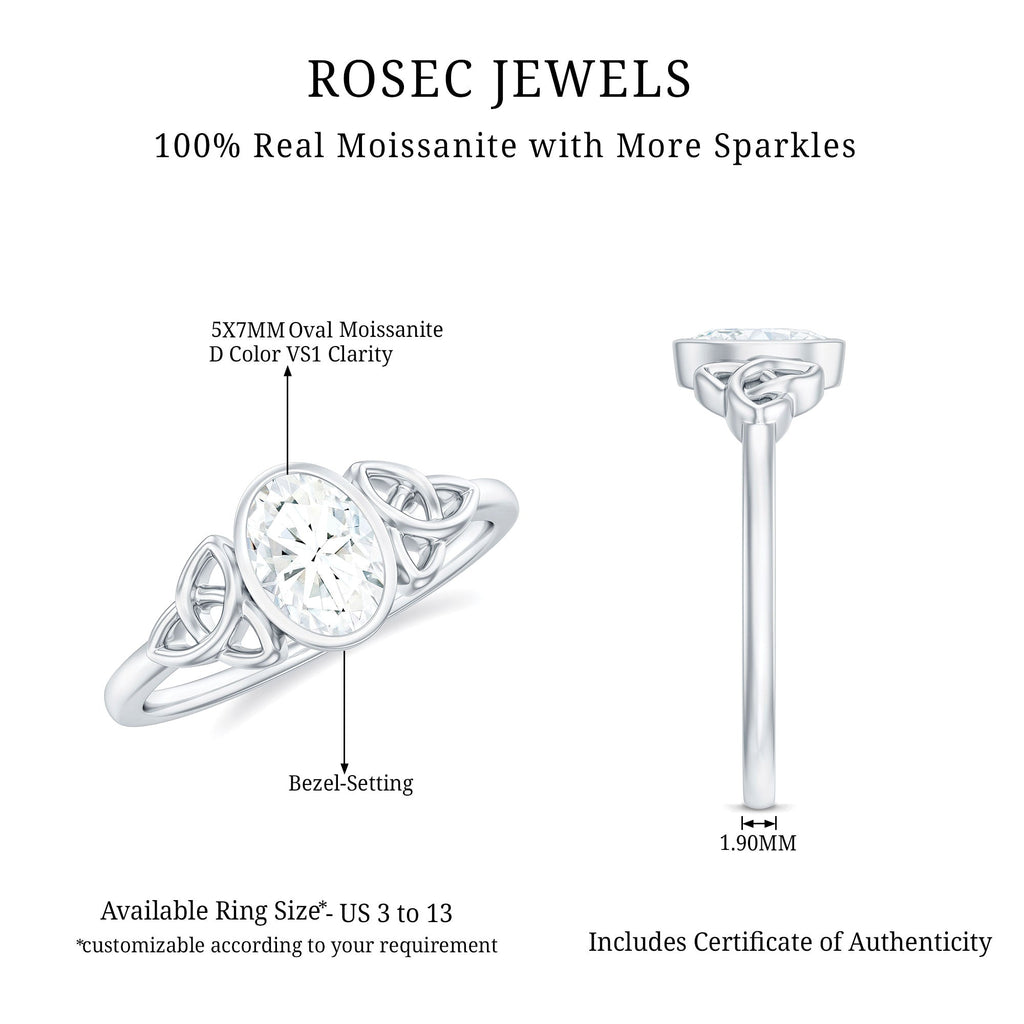 Oval Moissanite Solitaire Celtic Knot Ring in Bezel Setting