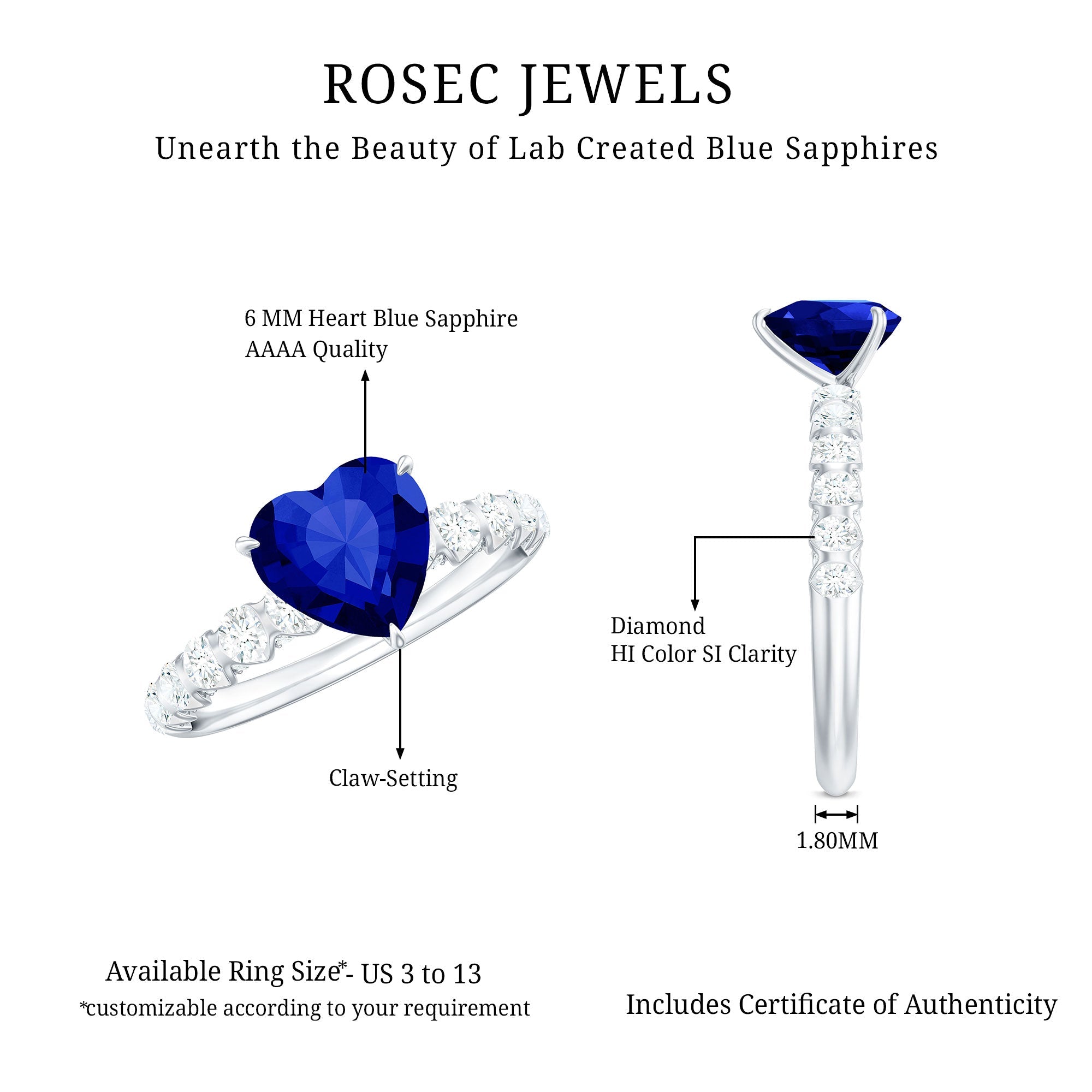 Heart Shape Lab Grown Blue Sapphire Solitaire Engagement Ring with Diamond