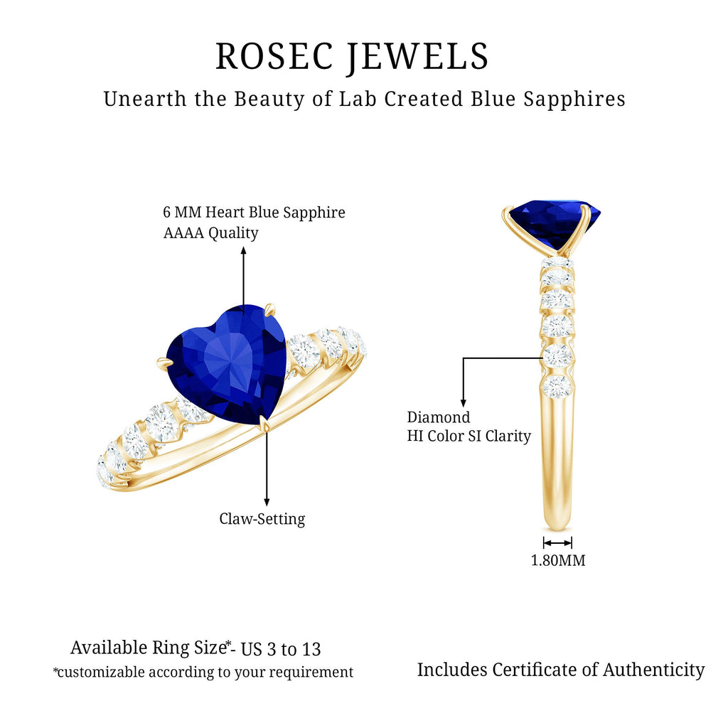 Heart Shape Lab Grown Blue Sapphire Solitaire Engagement Ring with Diamond