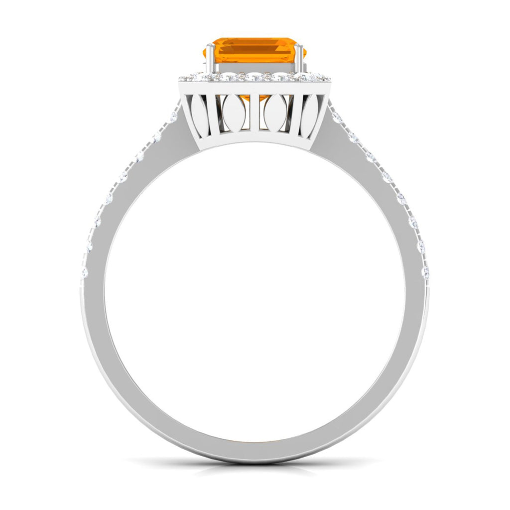 Emerald Cut Fire Opal Simple Engagement Ring with Diamond Halo