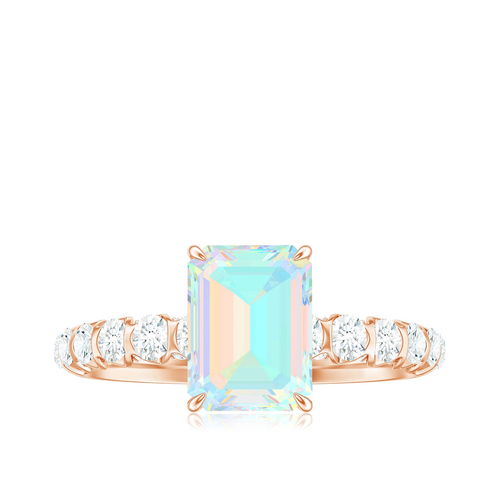 Genuine Ethiopian Opal Emerald Cut Engagement Ring with Diamond Side Stones