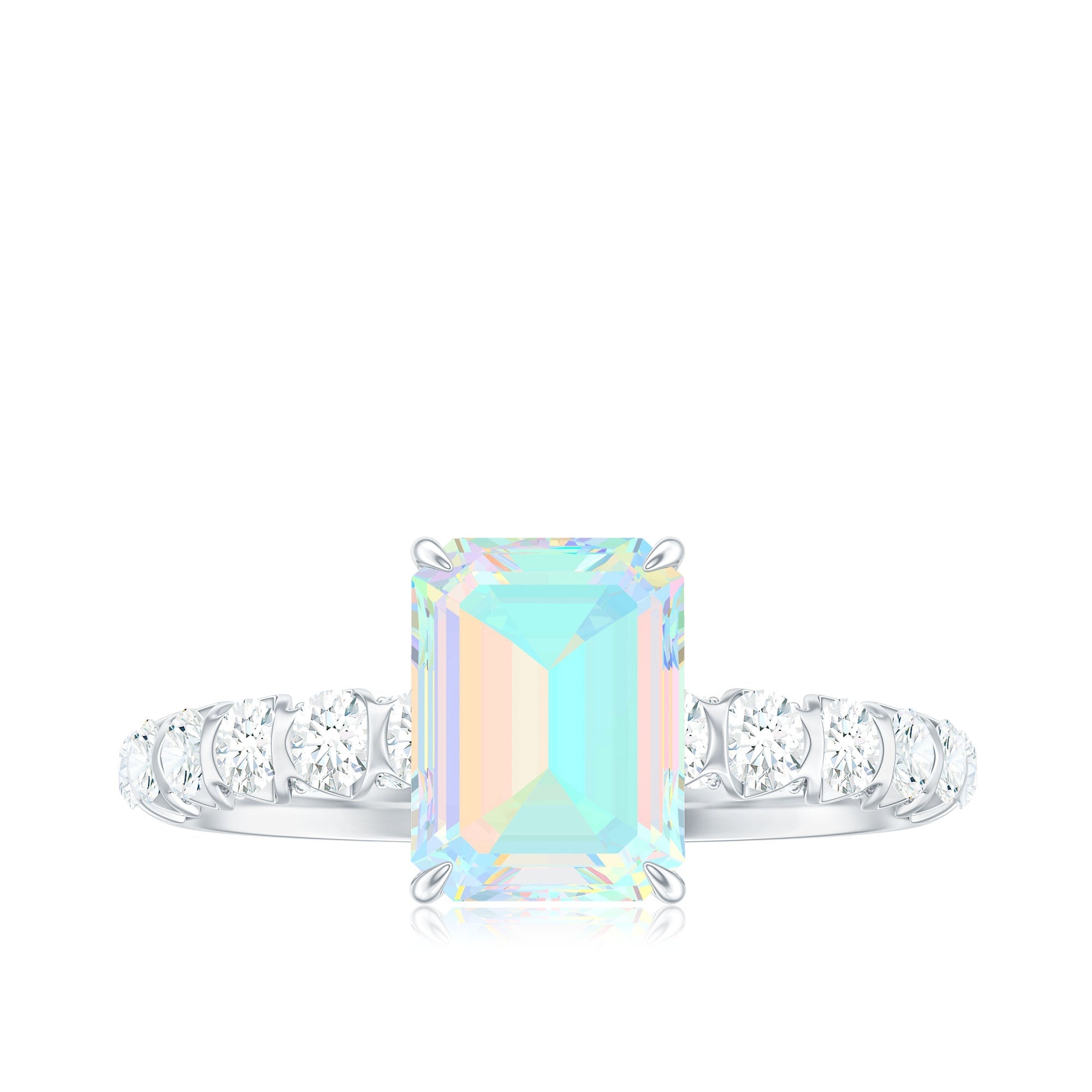 Genuine Ethiopian Opal Emerald Cut Engagement Ring with Diamond Side Stones