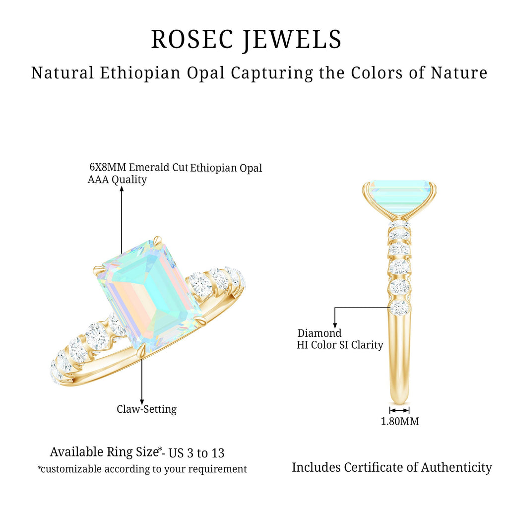 Genuine Ethiopian Opal Emerald Cut Engagement Ring with Diamond Side Stones