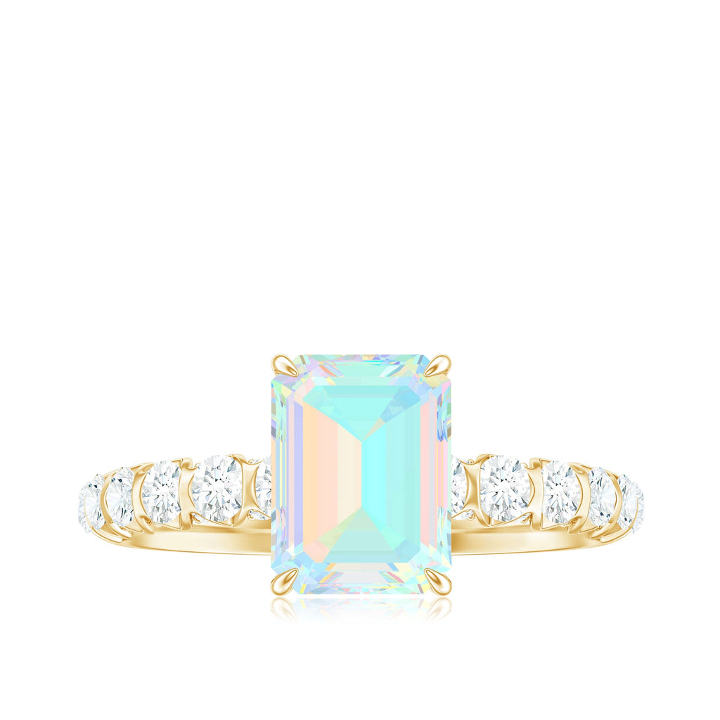 Genuine Ethiopian Opal Emerald Cut Engagement Ring with Diamond Side Stones