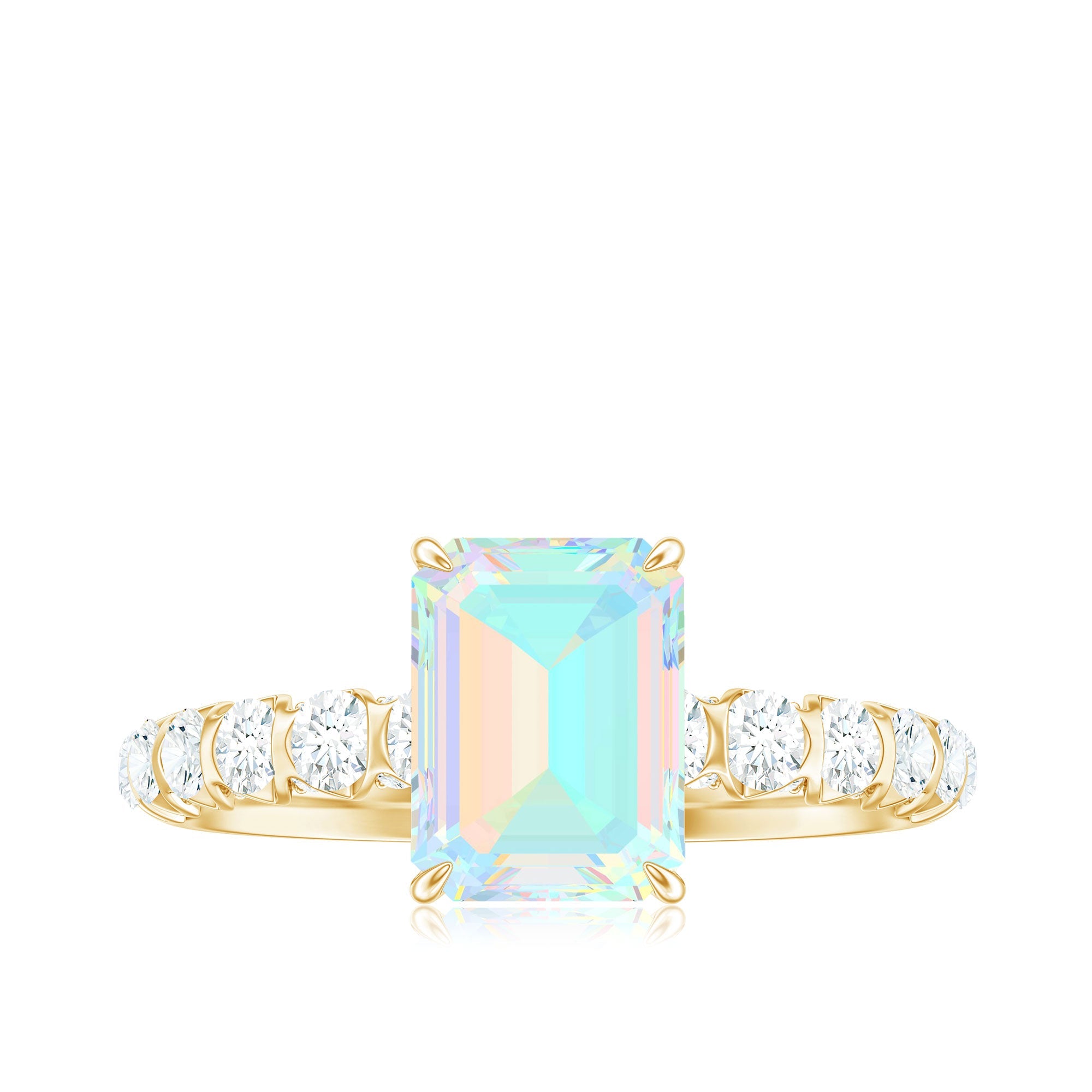 Genuine Ethiopian Opal Emerald Cut Engagement Ring with Diamond Side Stones