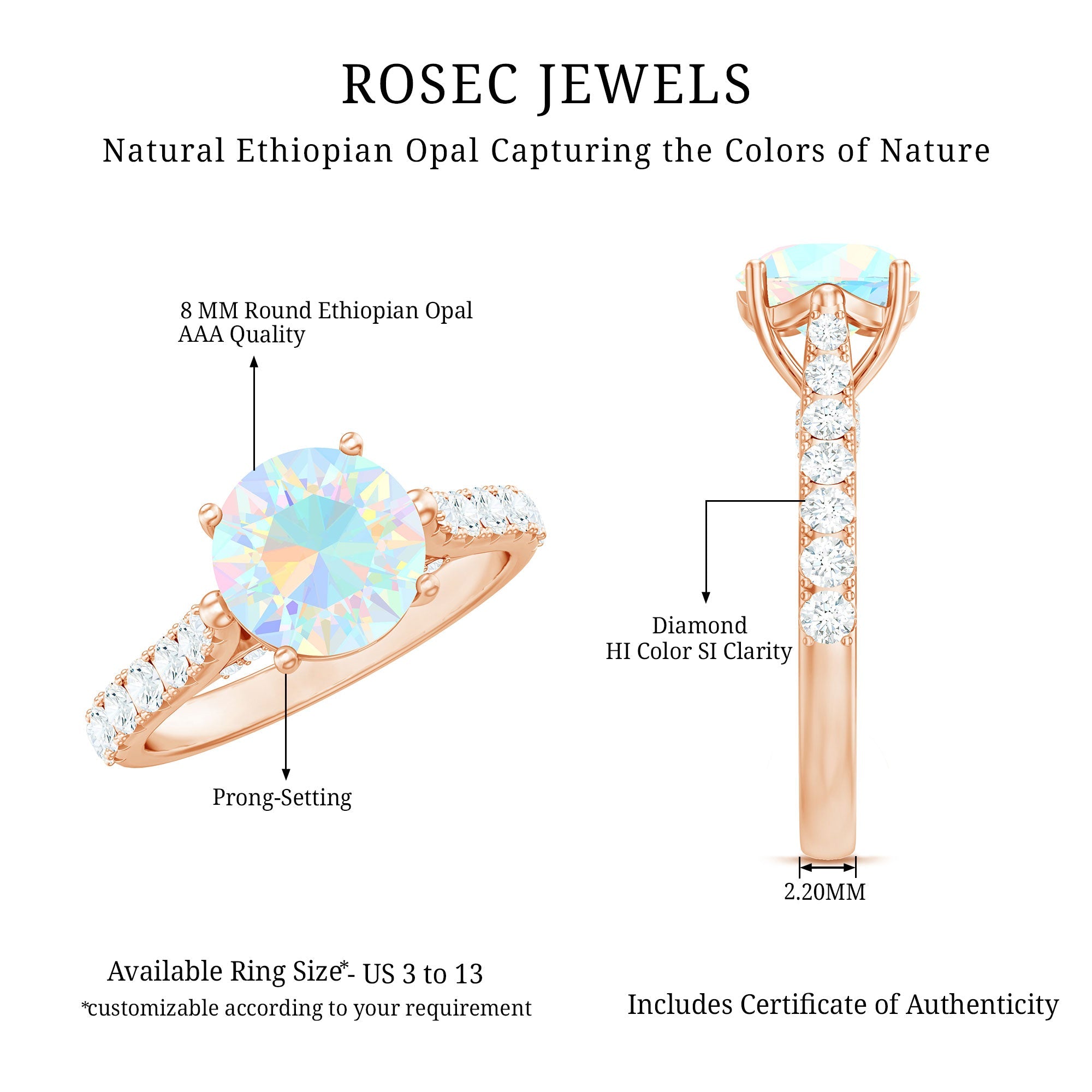 Natural 8mm Ethiopian Opal Diamond Engagement Ring with Side Stones