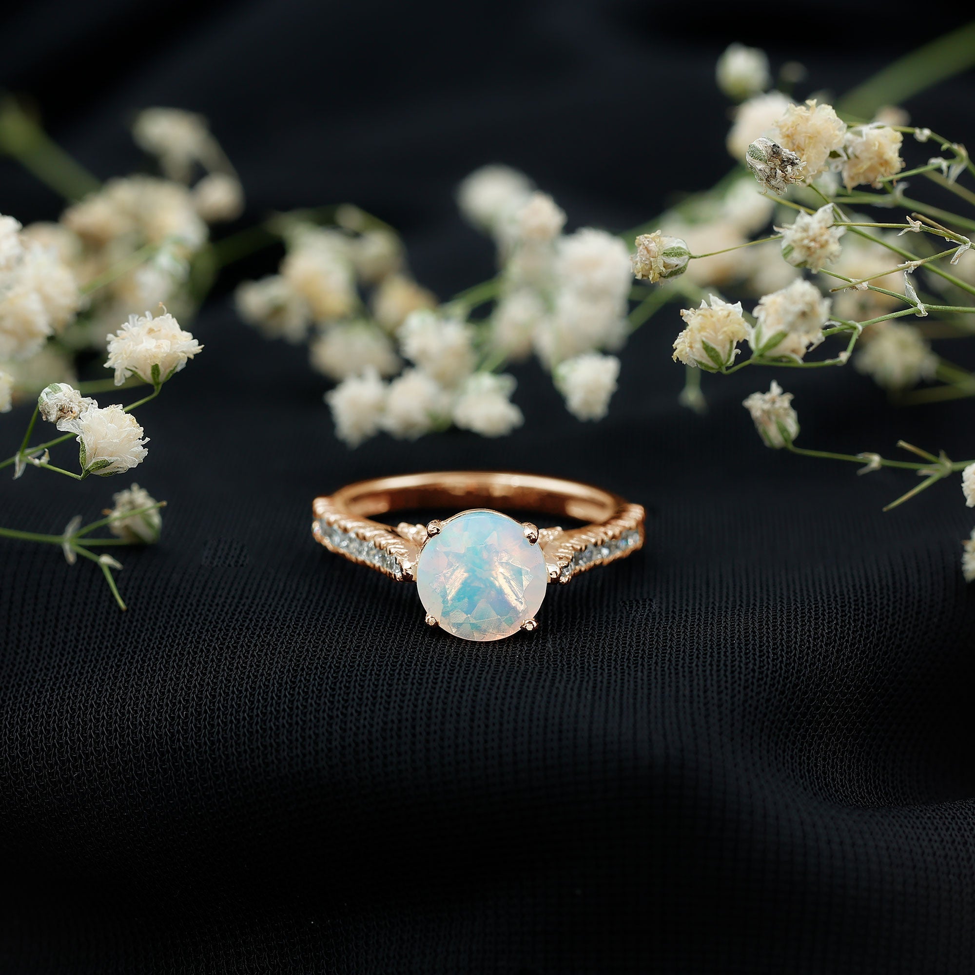 Natural 8mm Ethiopian Opal Diamond Engagement Ring with Side Stones
