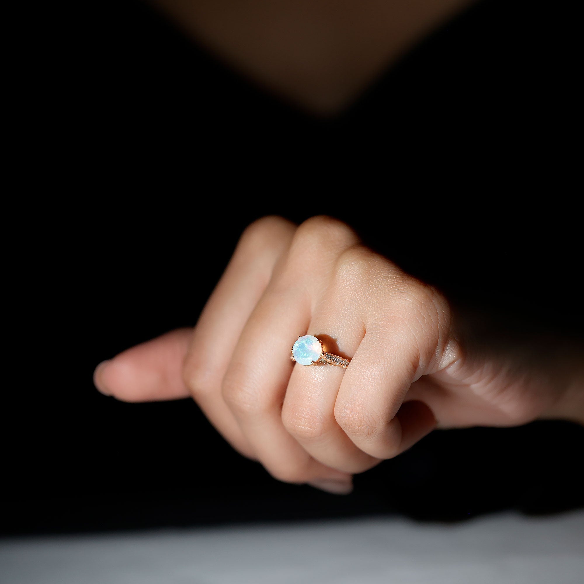 Natural 8mm Ethiopian Opal Diamond Engagement Ring with Side Stones