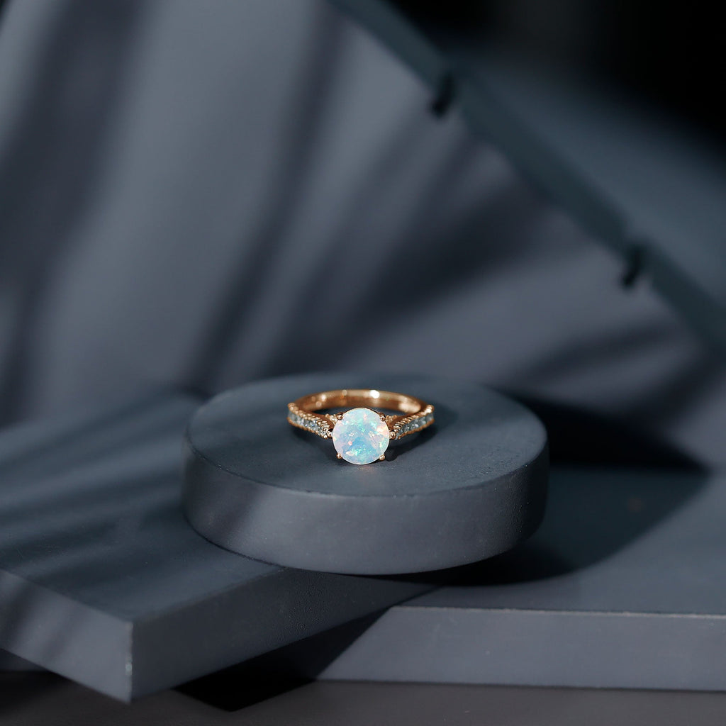 Natural 8mm Ethiopian Opal Diamond Engagement Ring with Side Stones