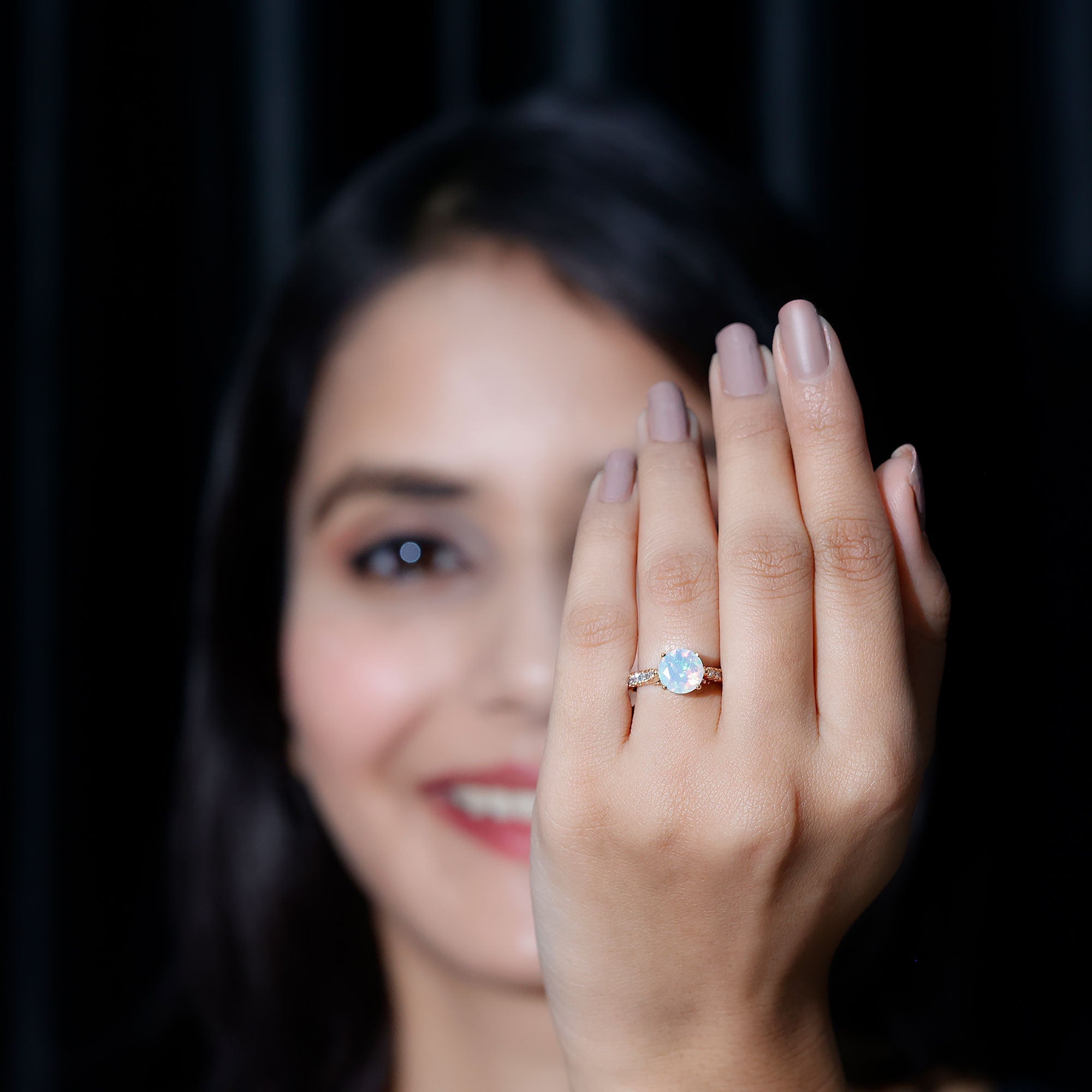 Natural 8mm Ethiopian Opal Diamond Engagement Ring with Side Stones