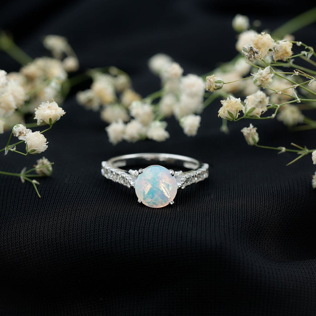Natural 8mm Ethiopian Opal Diamond Engagement Ring with Side Stones