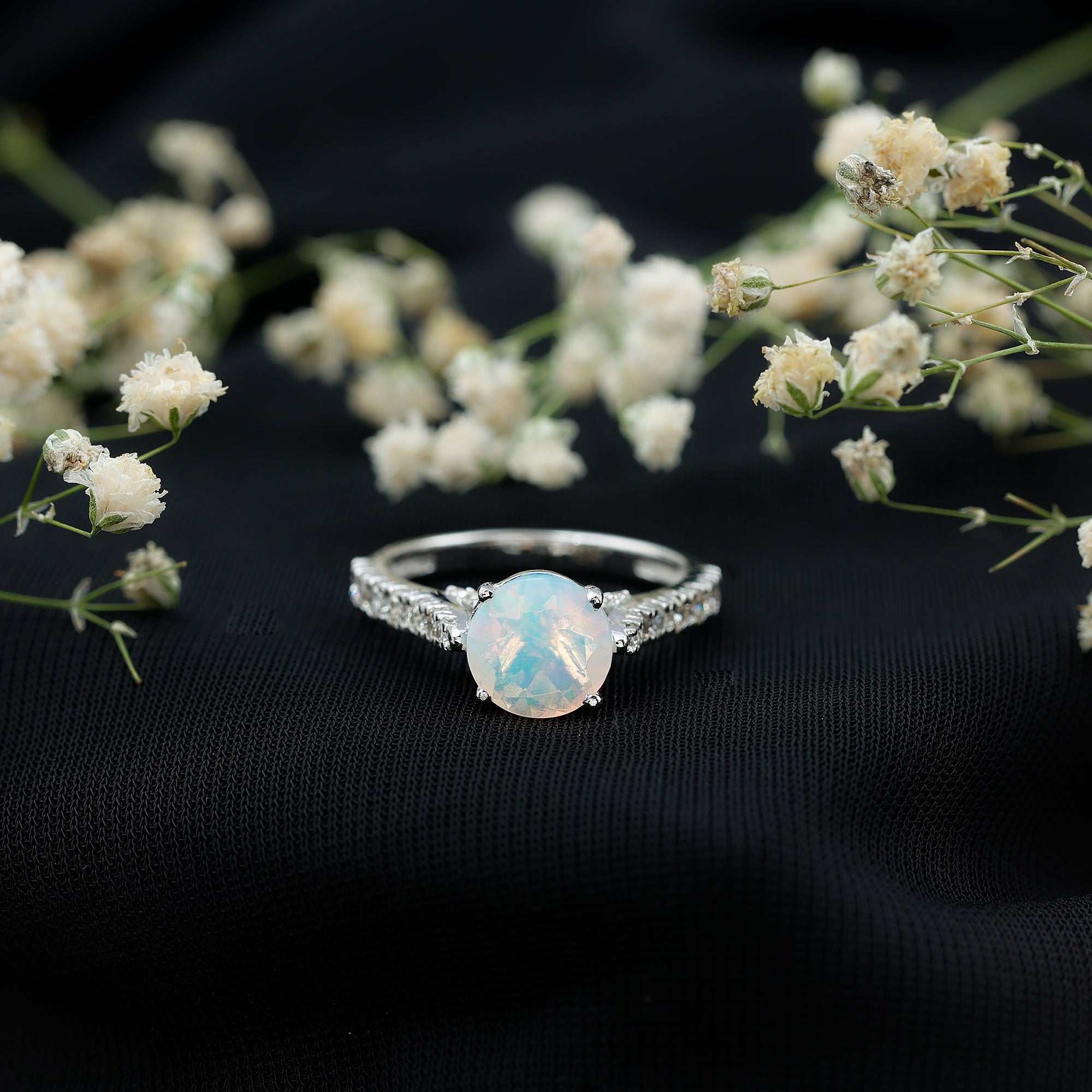 Natural 8mm Ethiopian Opal Diamond Engagement Ring with Side Stones