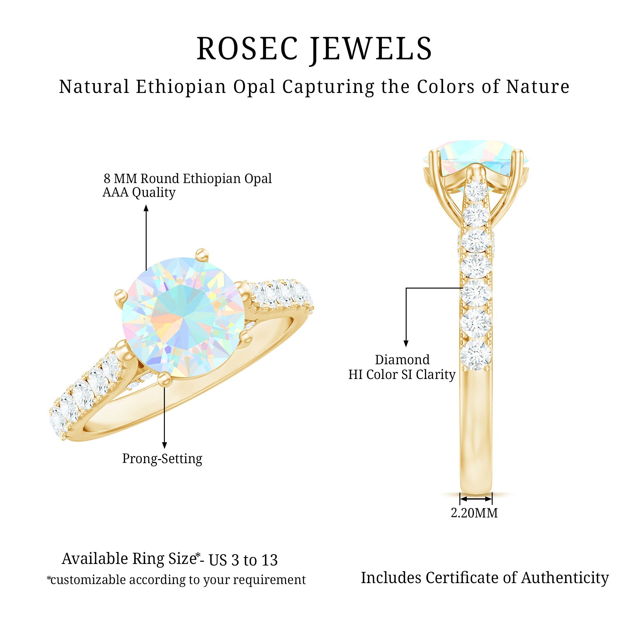 Natural 8mm Ethiopian Opal Diamond Engagement Ring with Side Stones
