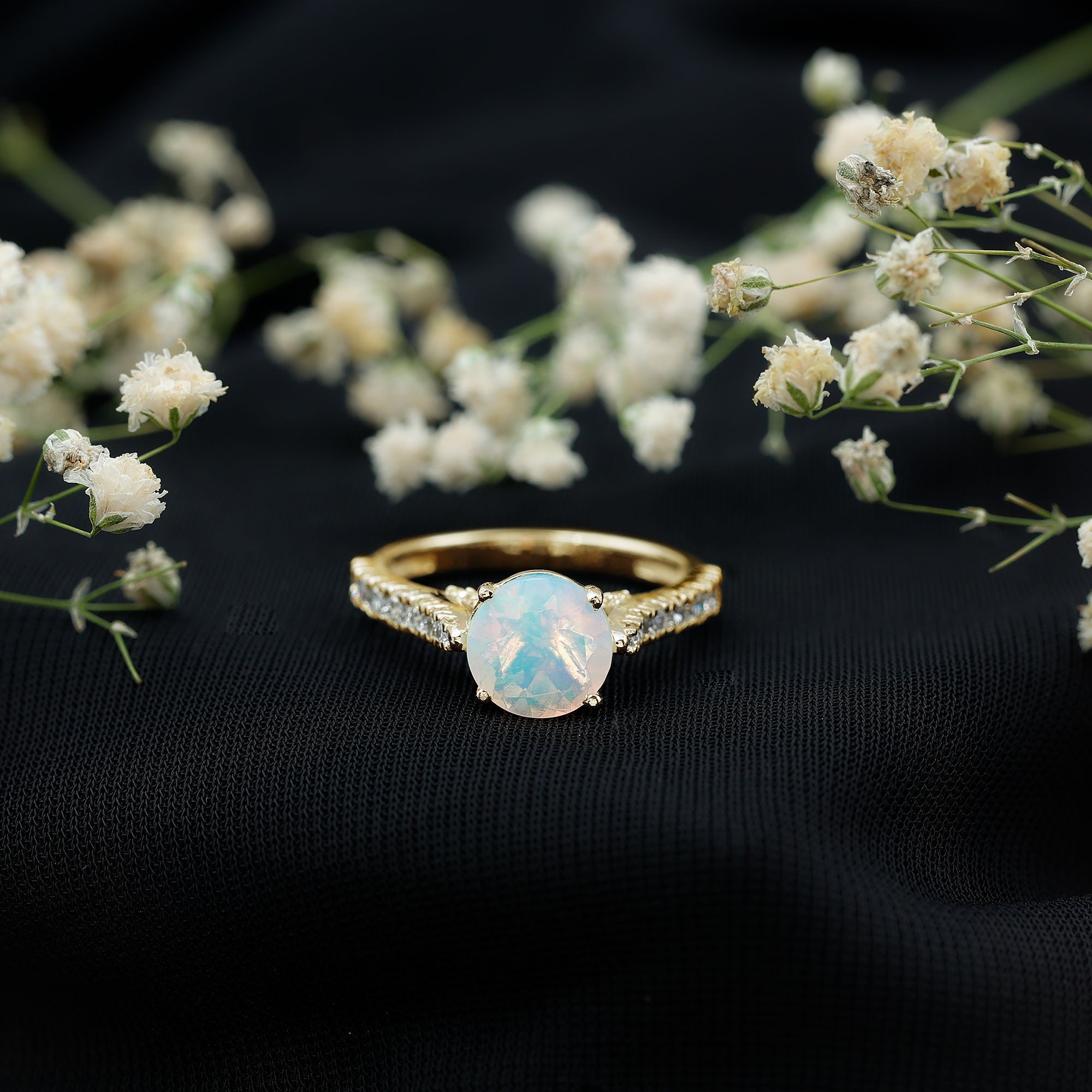 Natural 8mm Ethiopian Opal Diamond Engagement Ring with Side Stones