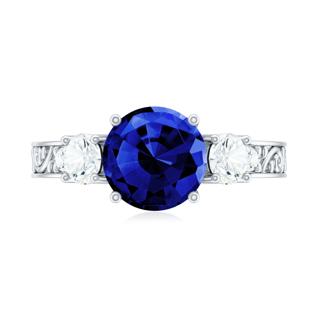 Round Created Blue Sapphire and Moissanite Art Deco Engagement Ring in Gold