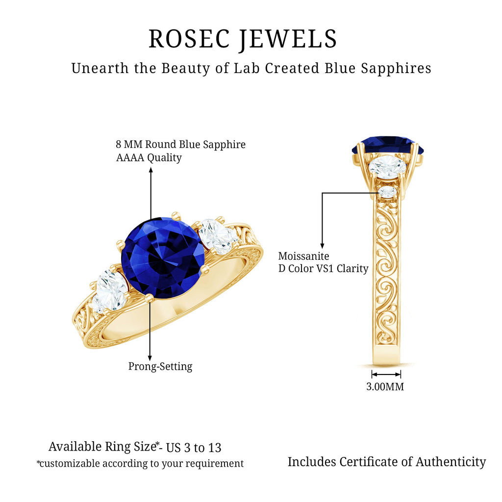 Round Created Blue Sapphire and Moissanite Art Deco Engagement Ring in Gold