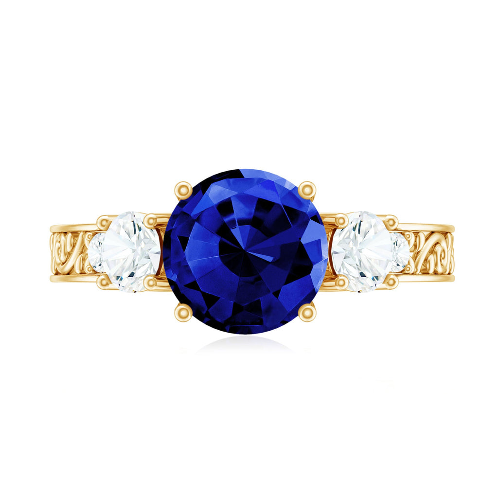 Round Created Blue Sapphire and Moissanite Art Deco Engagement Ring in Gold