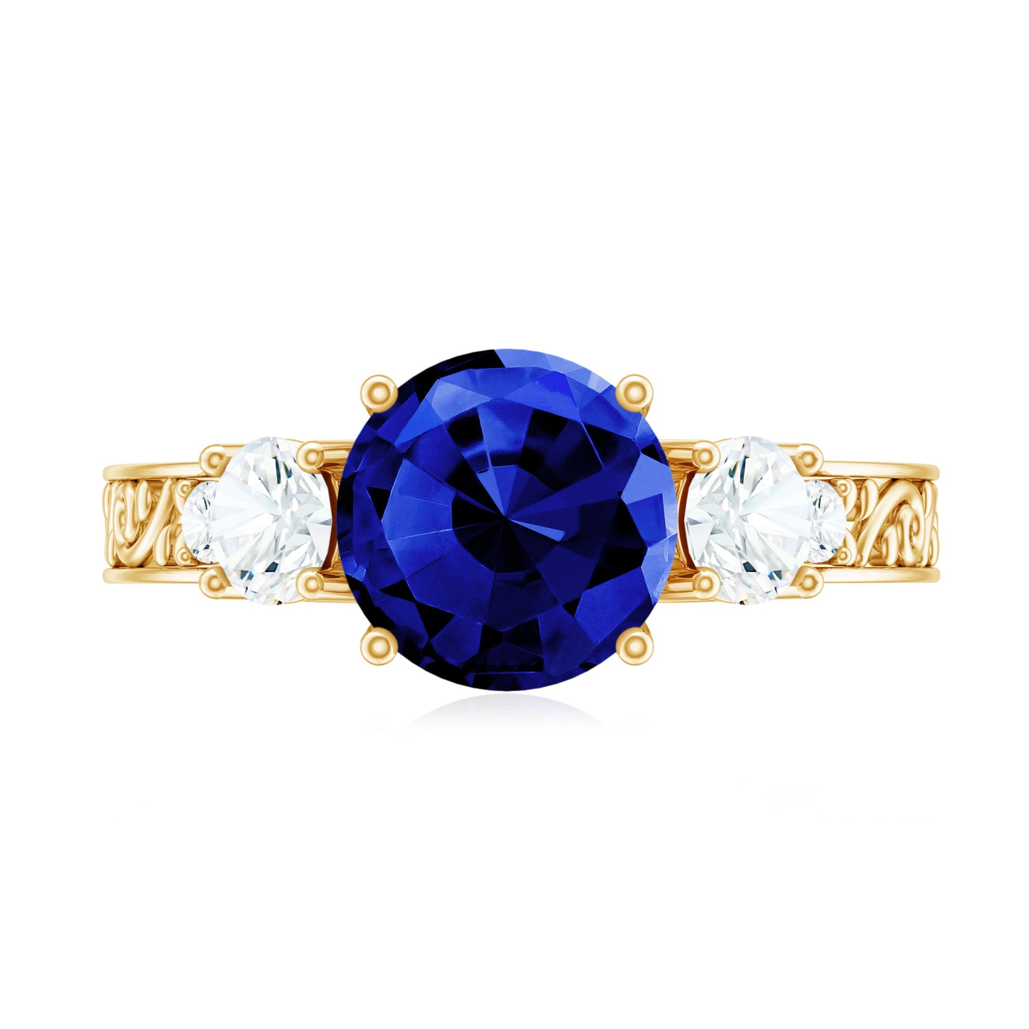 Round Created Blue Sapphire and Moissanite Art Deco Engagement Ring in Gold