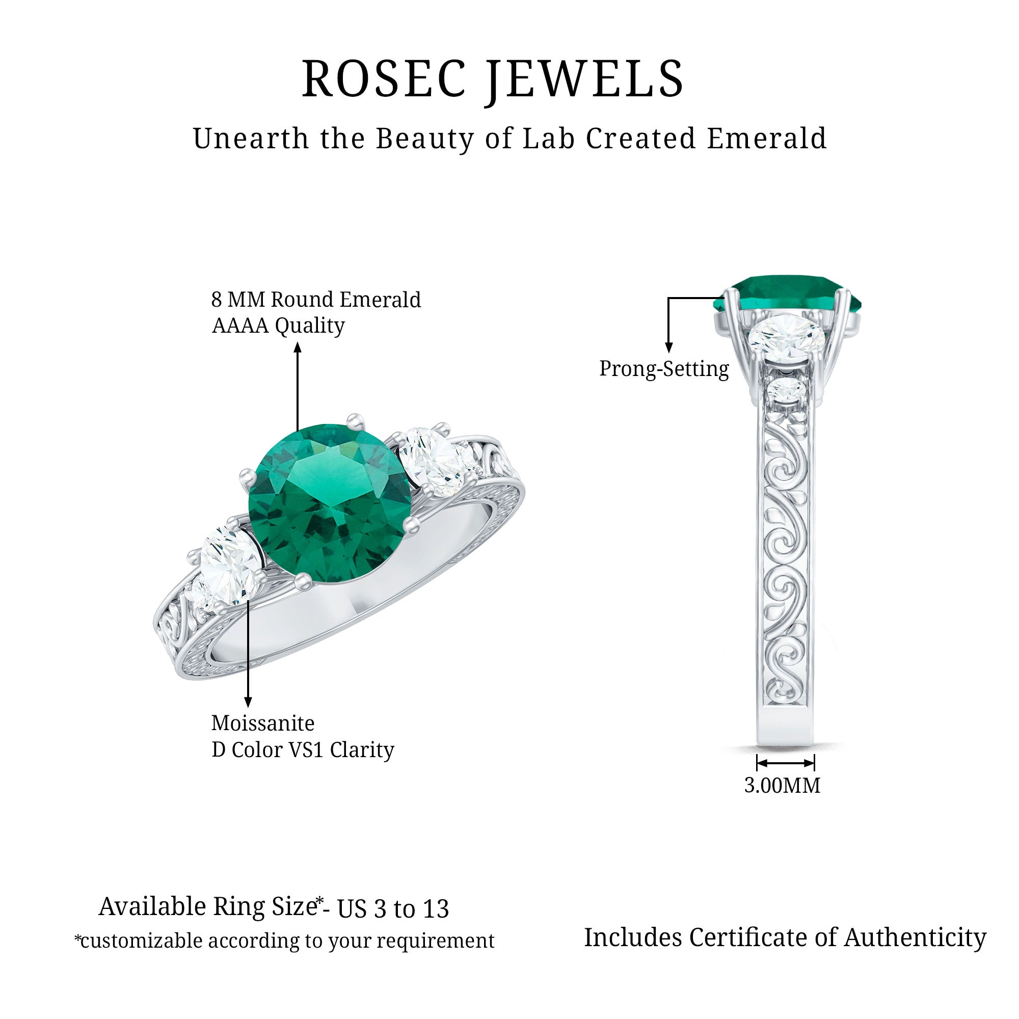 Antique Style Lab Grown Emerald Three Stone Engagement Ring with Moissanite