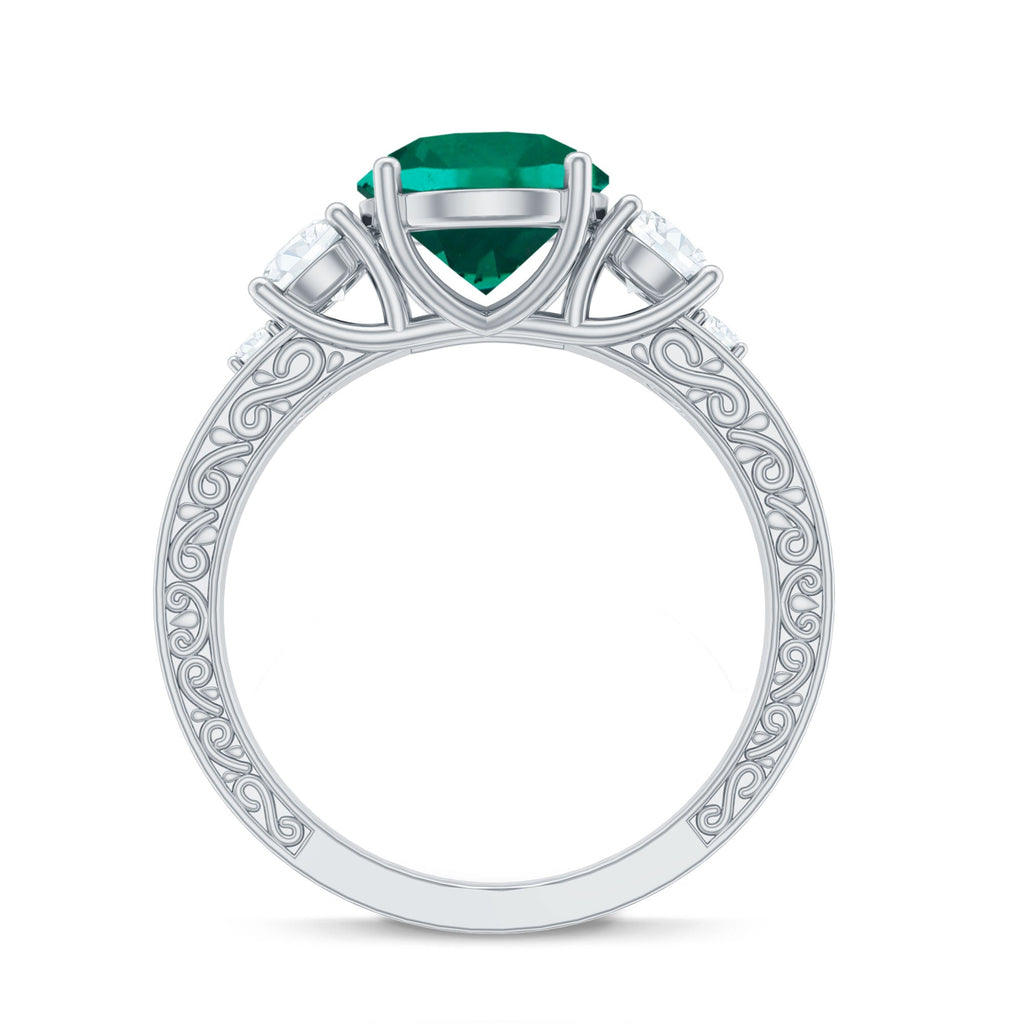 Antique Style Lab Grown Emerald Three Stone Engagement Ring with Moissanite